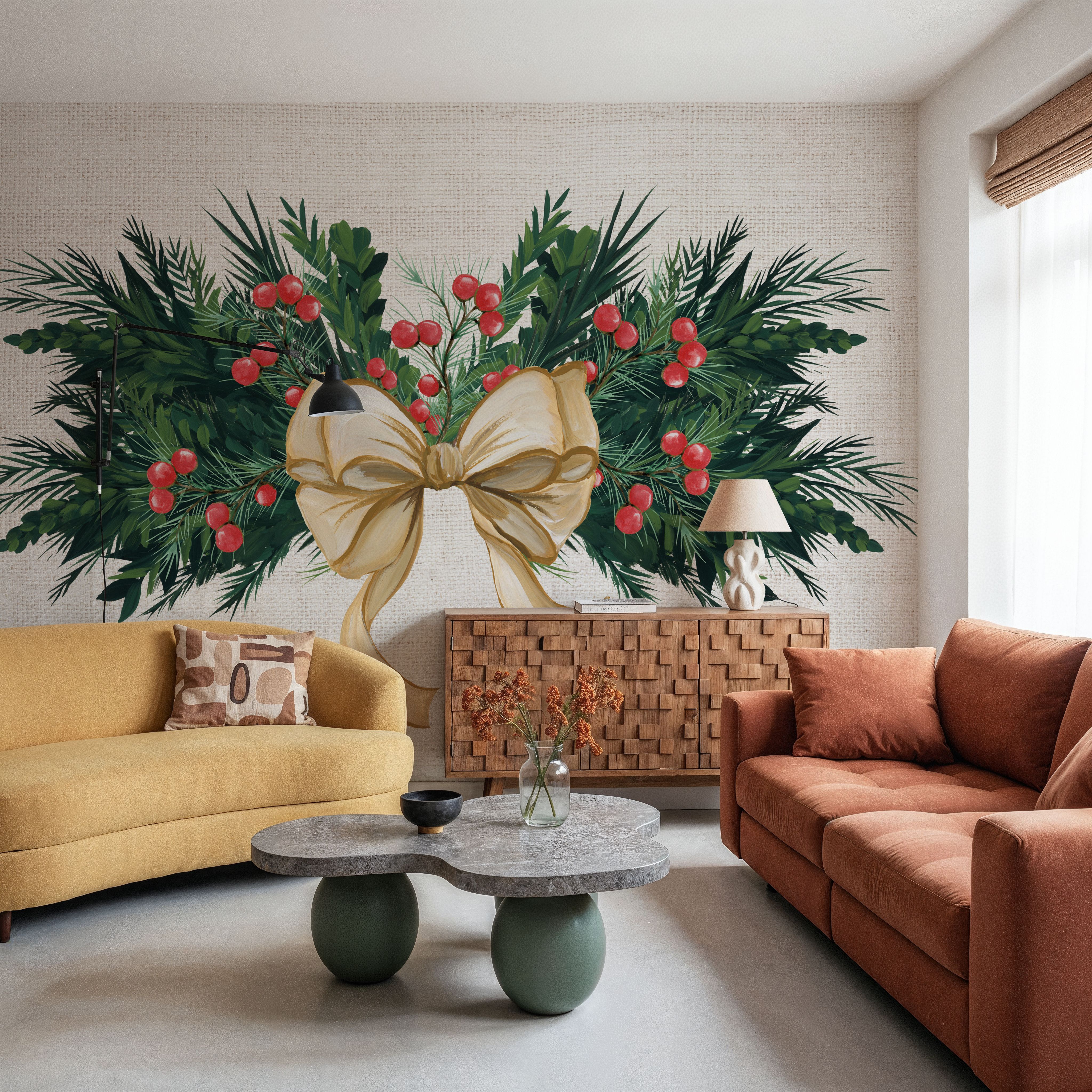 Wall Mural - Evergreen Christmas I - Holiday mural wallpaper - Green - Living room - Wallism US - Premium, Textured or Peel & Stick