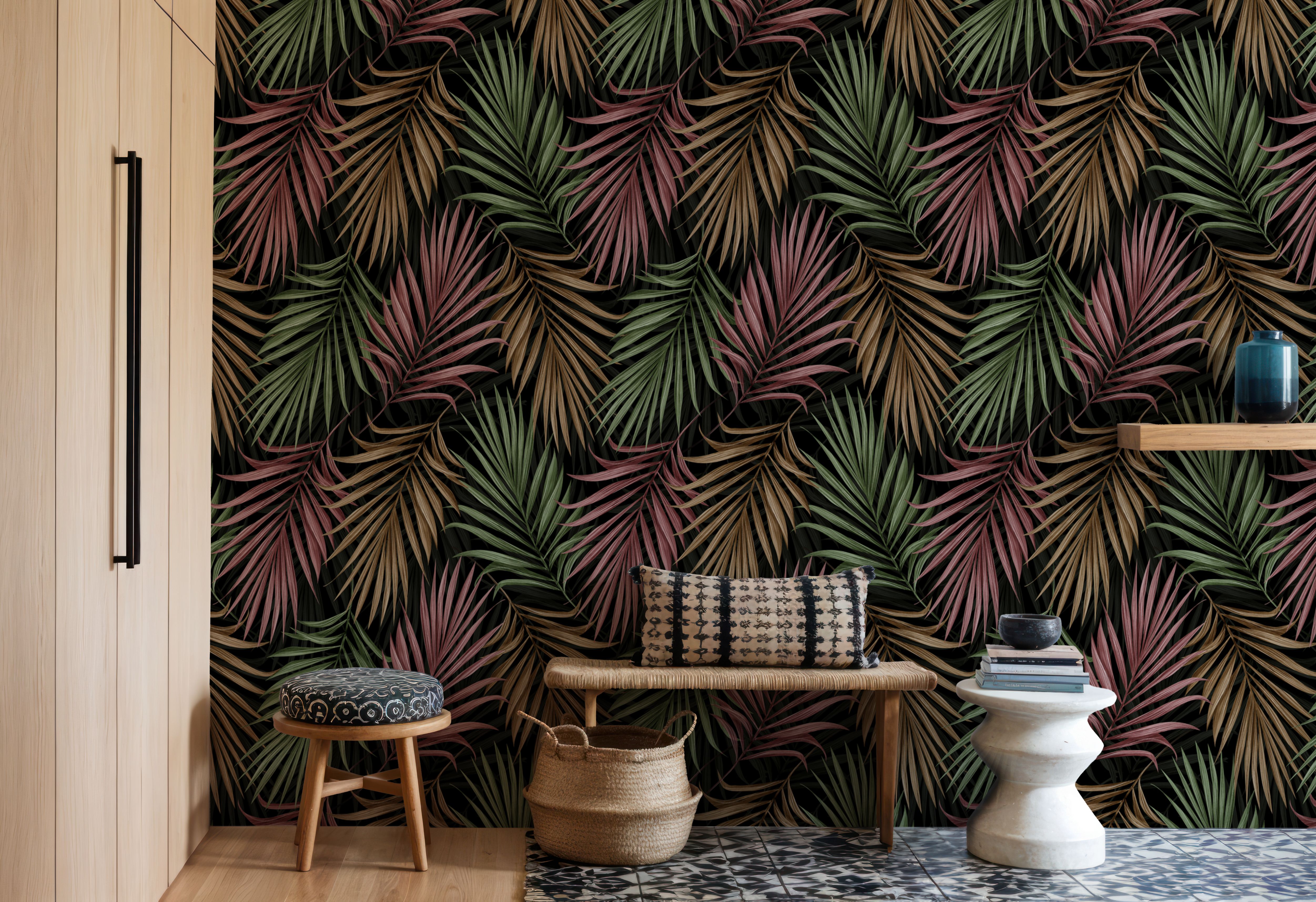 Bright Palms Pattern, Plum & Brown