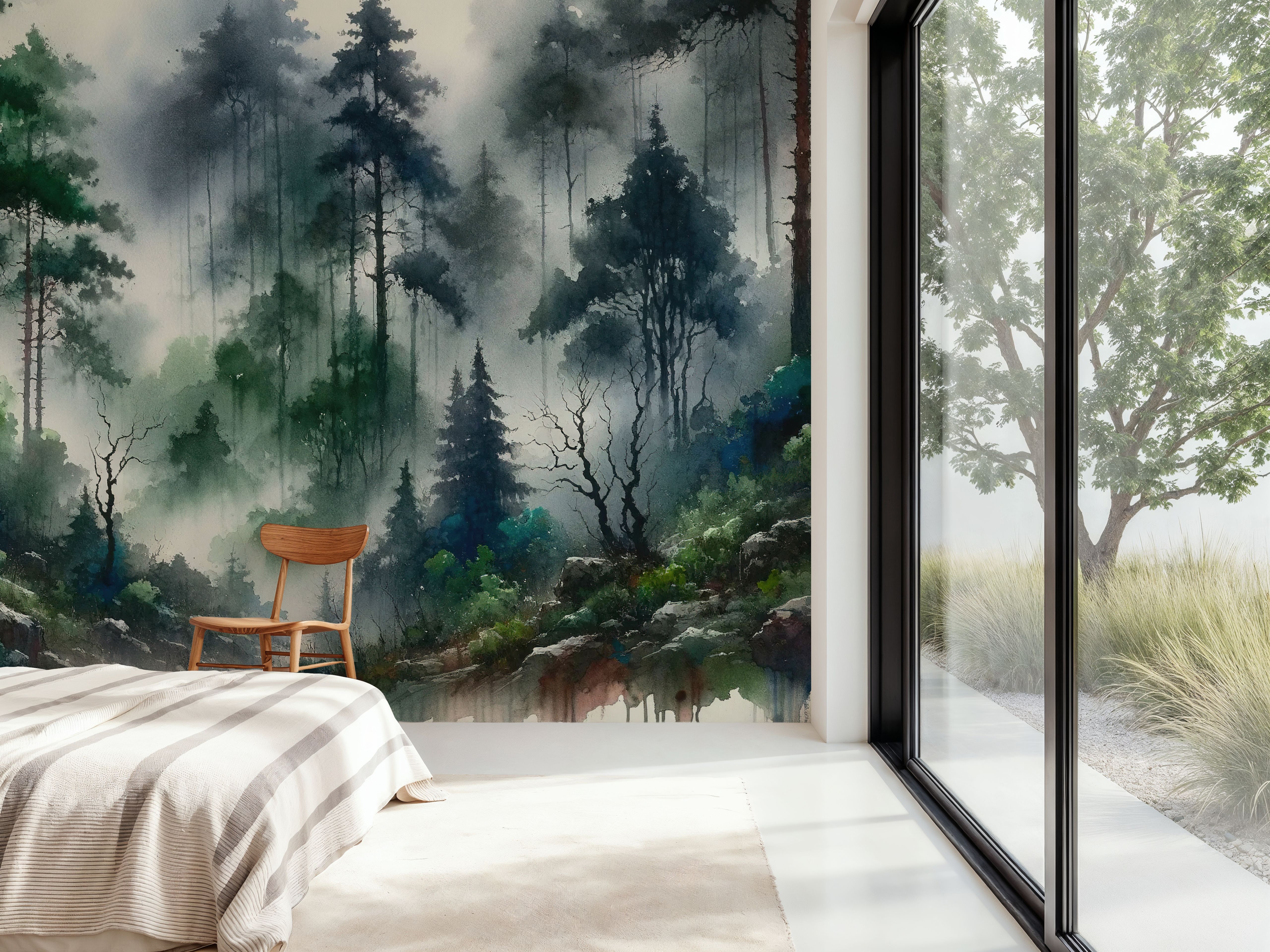 Foggy Lush Forest with Dense Trees