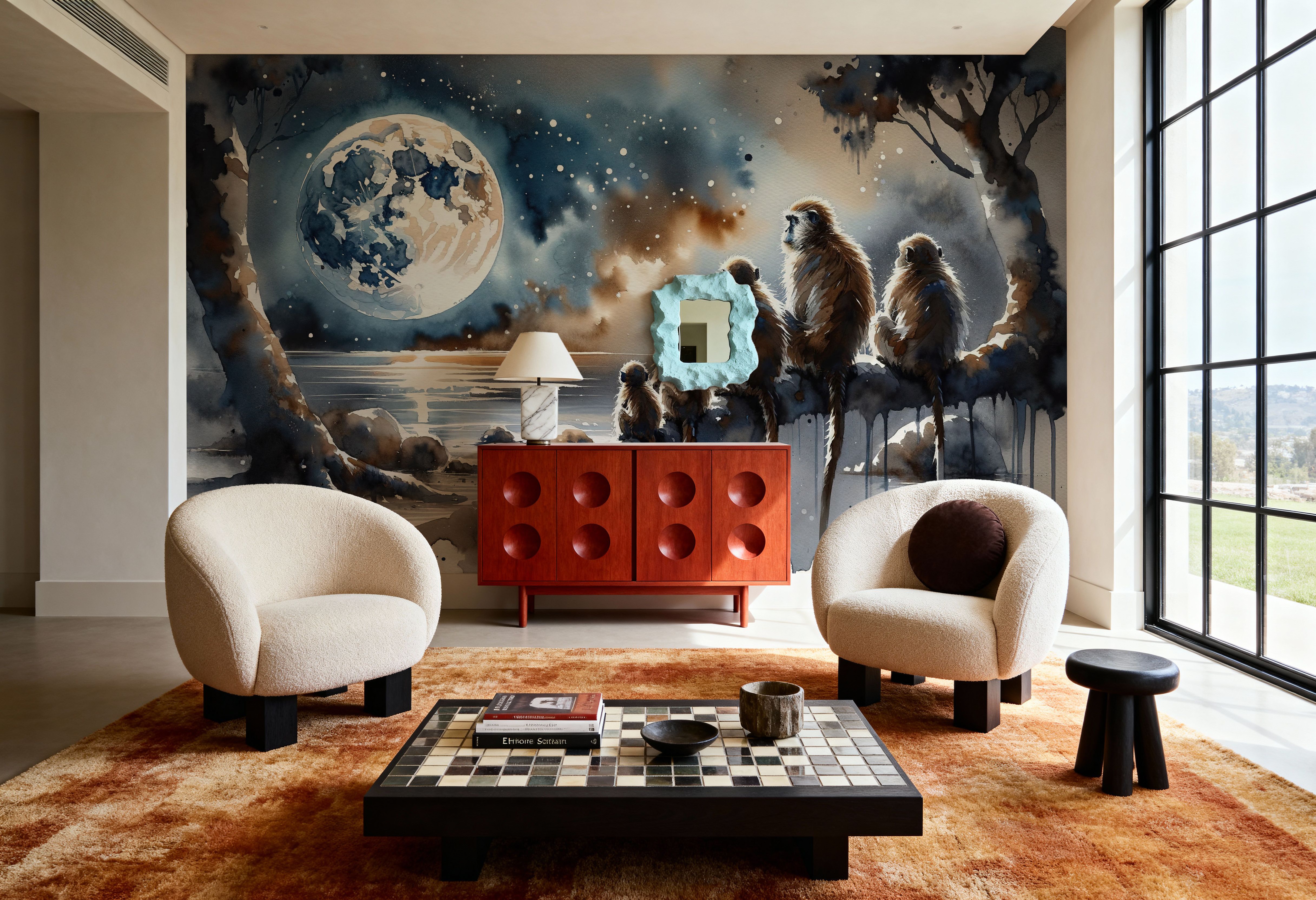 Monkey Family Night Giant Moon Watercolor