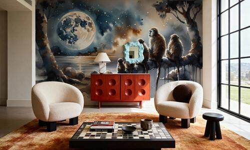 Monkey Family Night Giant Moon Watercolor