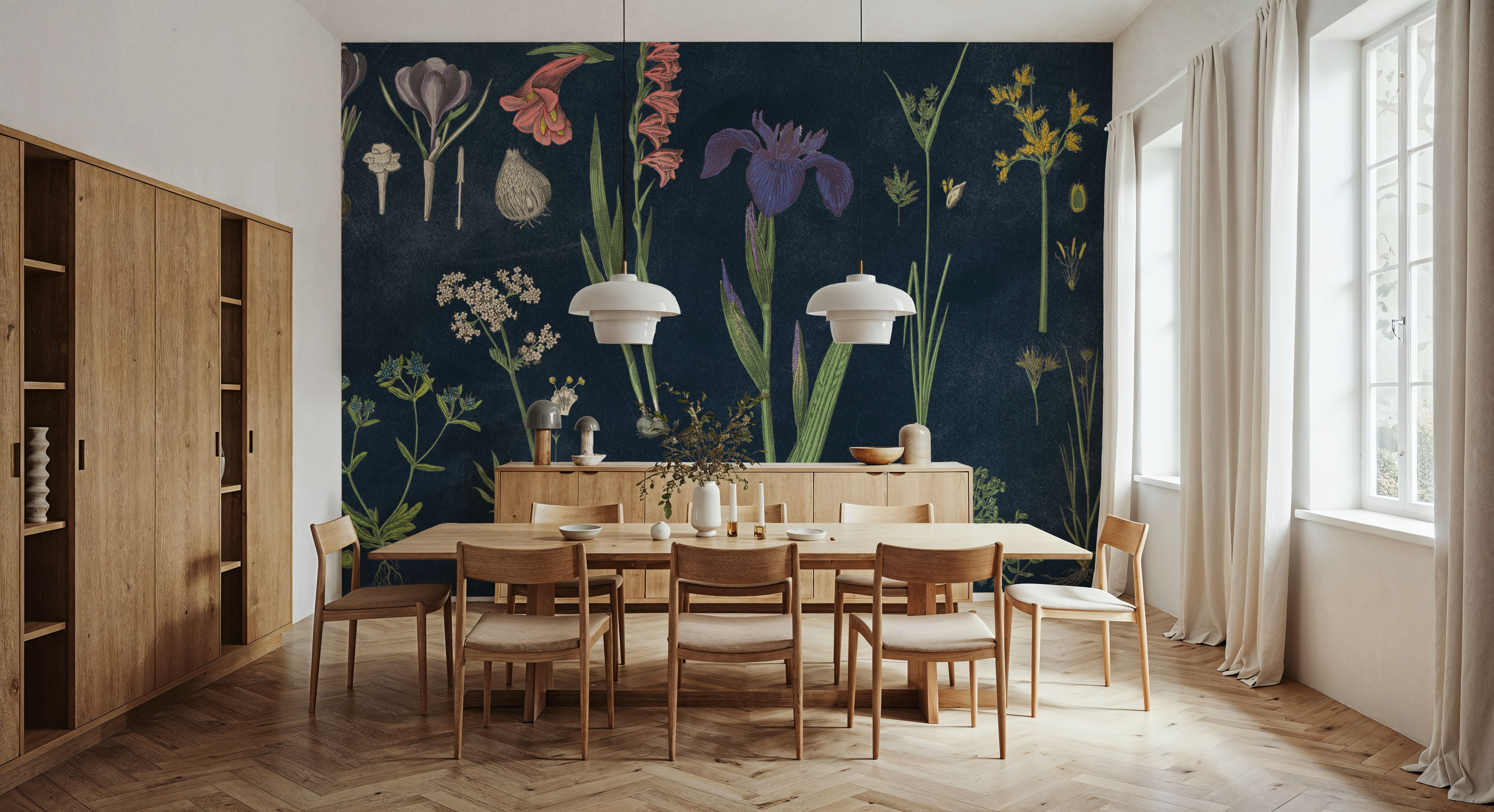 Botanical Floral Chart II Dark Blue, Wallpaper