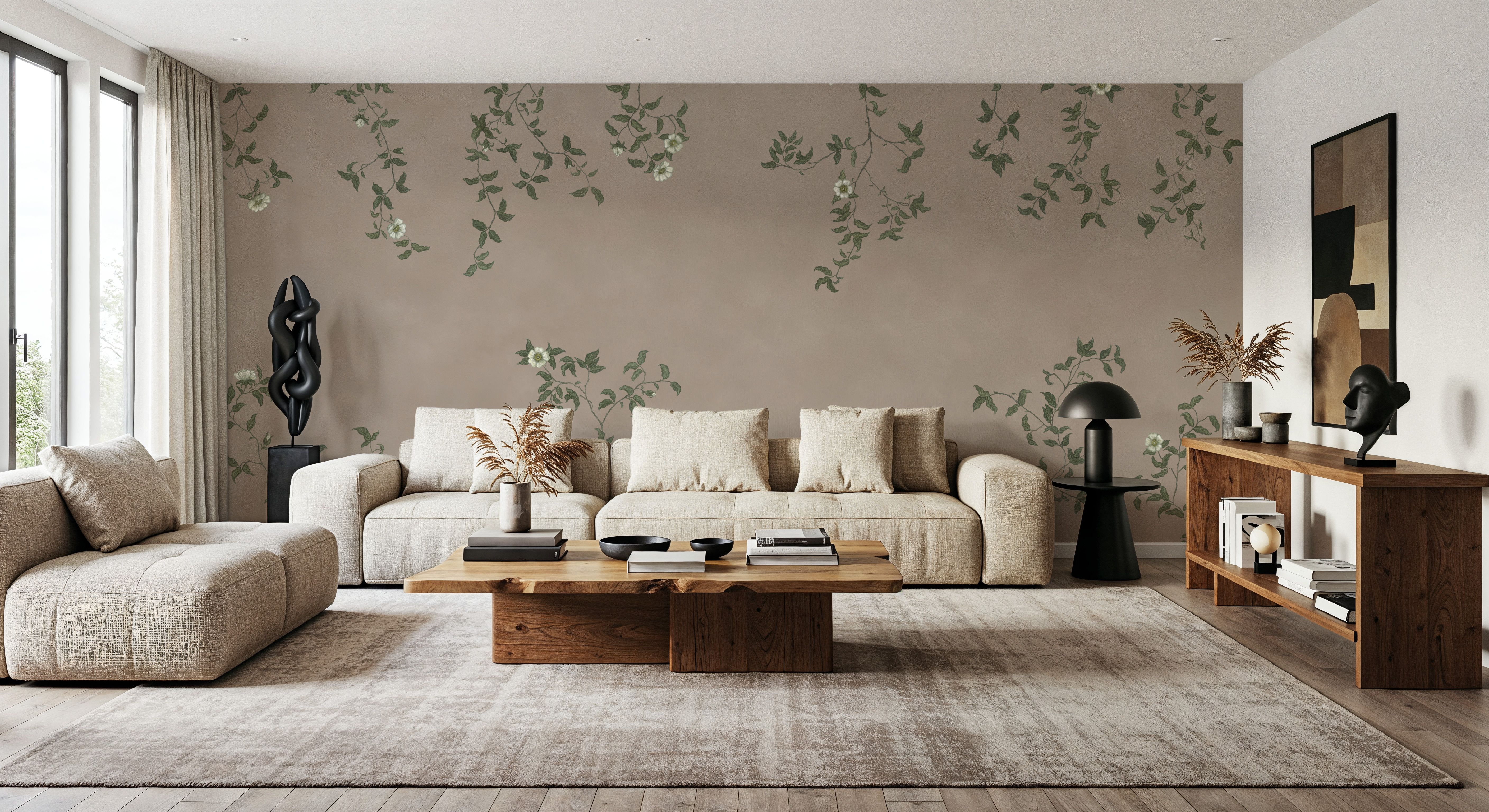 Rambling Rose, Ivory on Beige