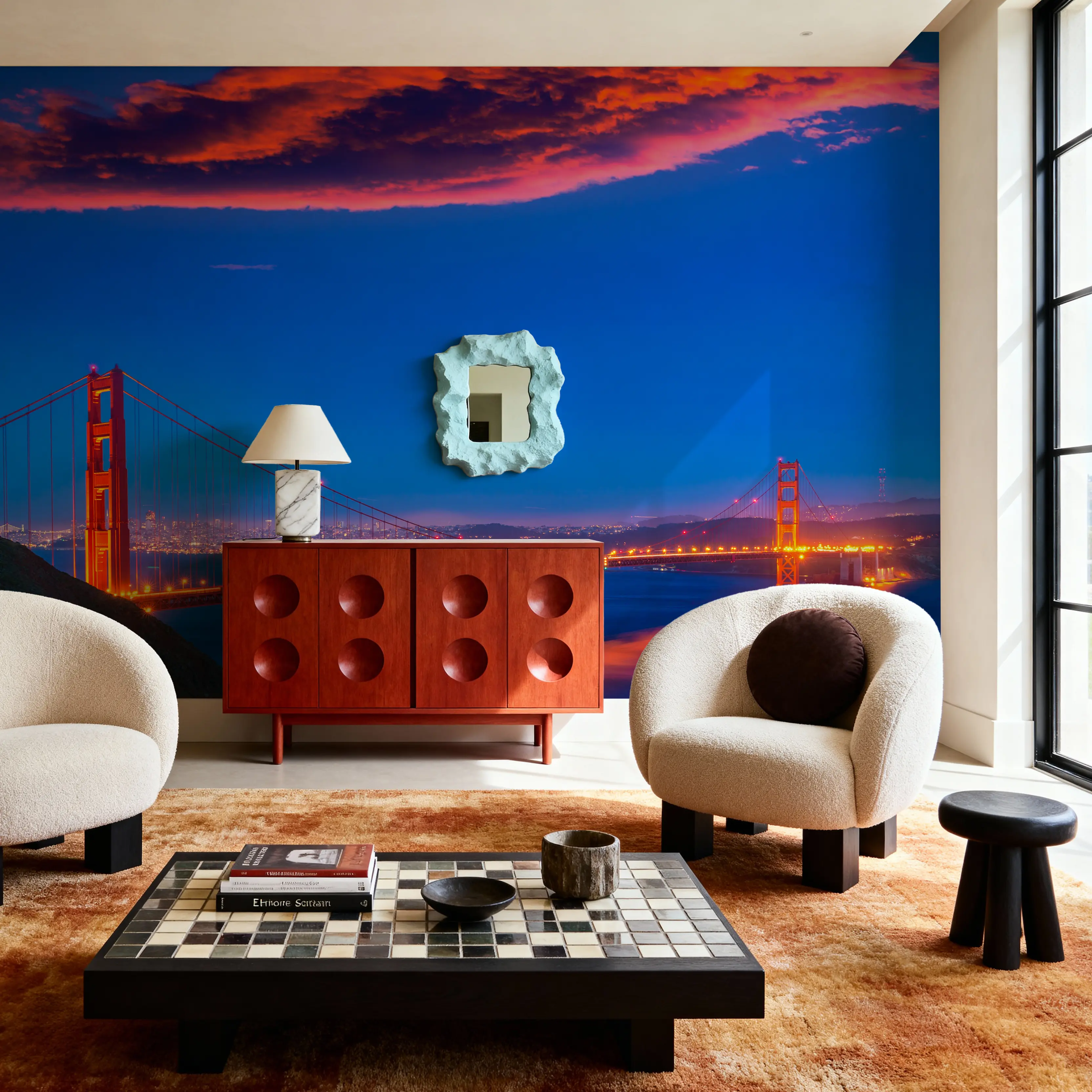 Fotobehang - Golden Gate Sunset I - Architectuur Monumenten Mural - Blauw - Gangtrappen - Wallism België - Zelfklevend of Vliesbehang