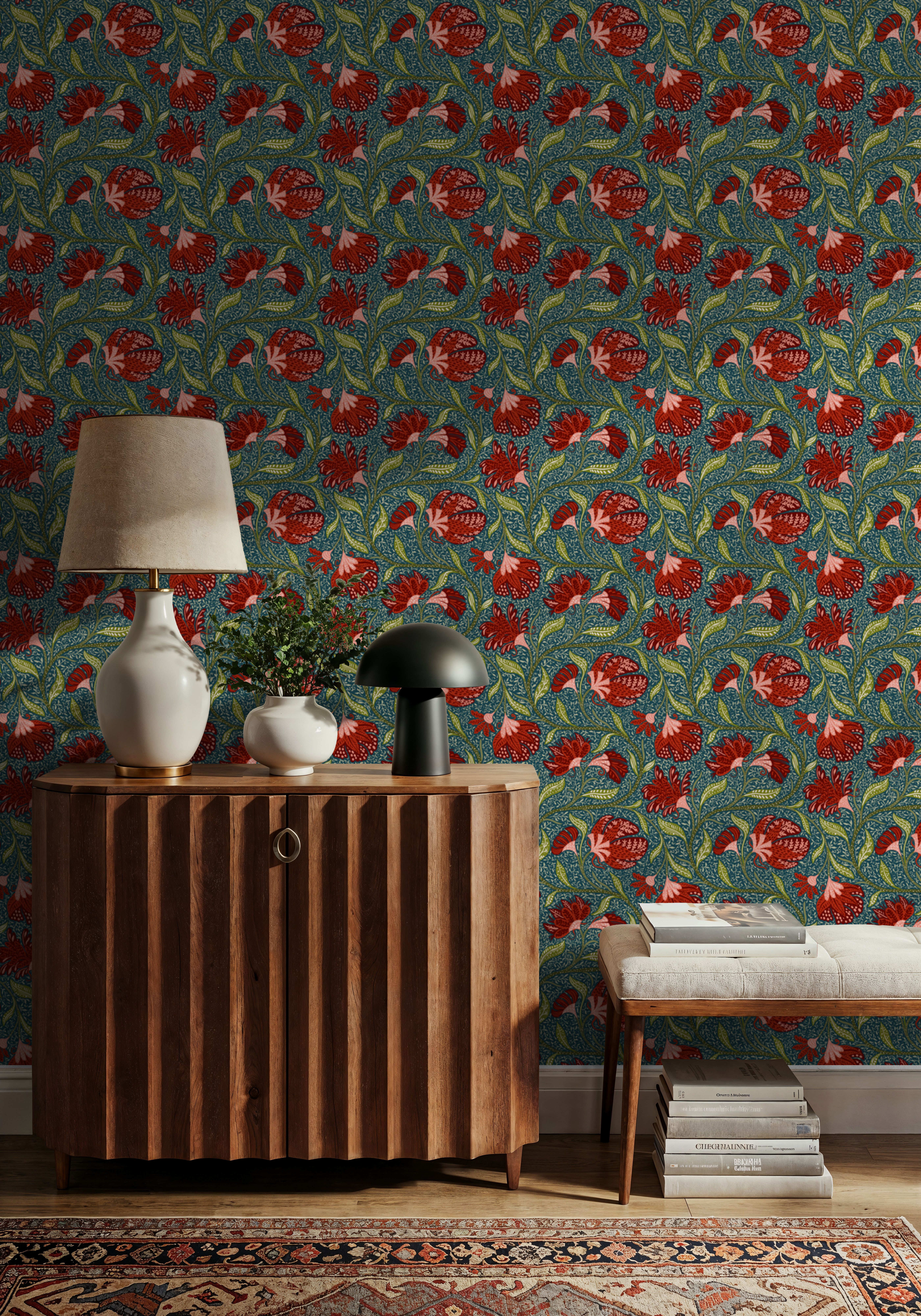 Indial Floral, Vermilion on Teal