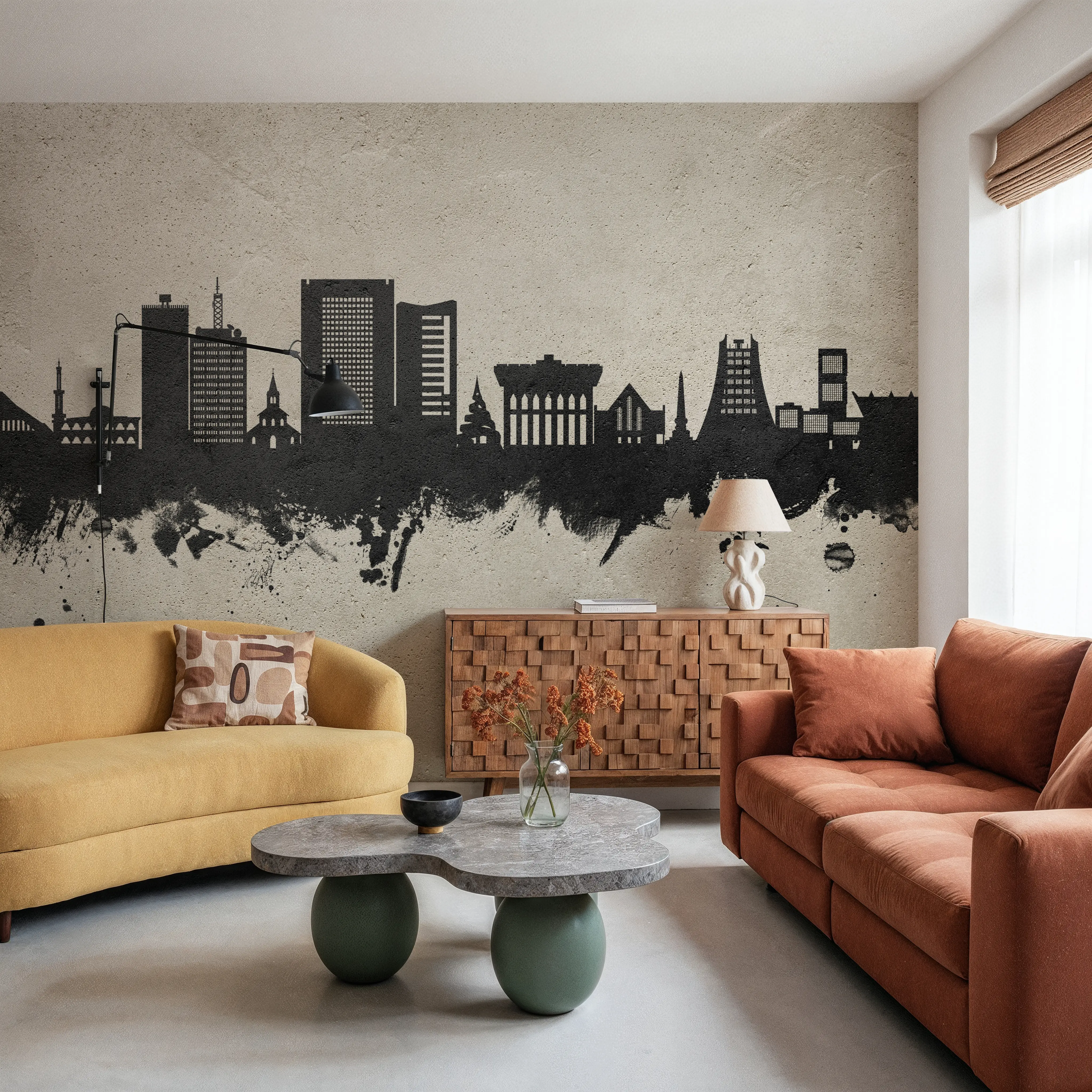 Fotobehang - Yaoundé Cameroon Skyline Concrete - Grafische Kunst Mural - Grijs - Eetkamer - Wallism België - Zelfklevend of Vliesbehang