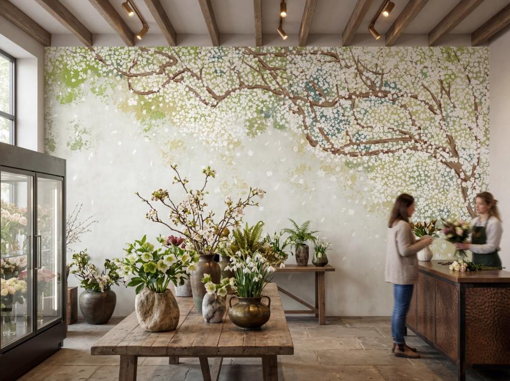 an interior photo of a flower shoppe with a cherry blossom tree themed wall mural on the main wall