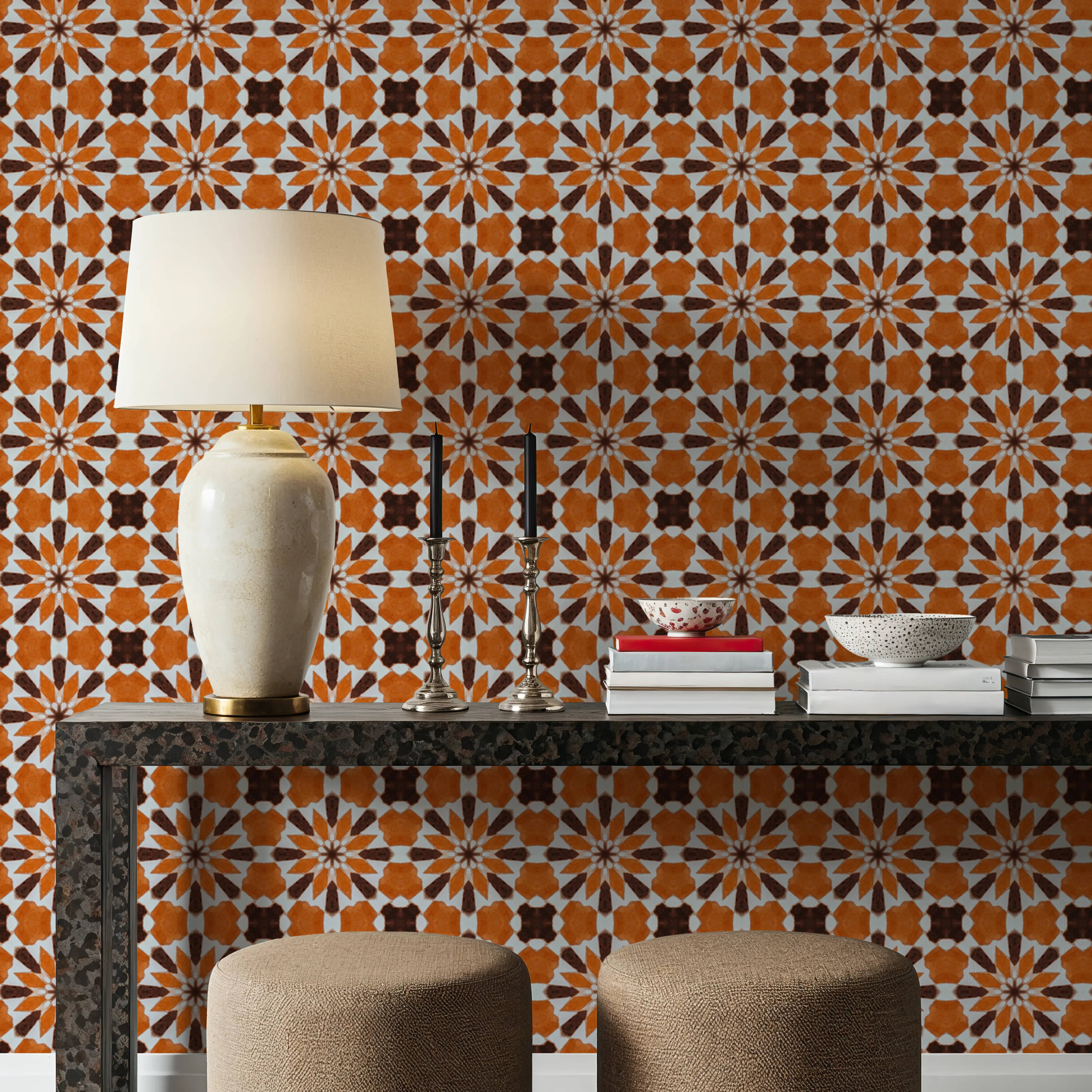 Wallpaper - Karia - Squares Tiles - Orange - Living room - Wallism UK - Peel & Stick or Paste-the-Wall