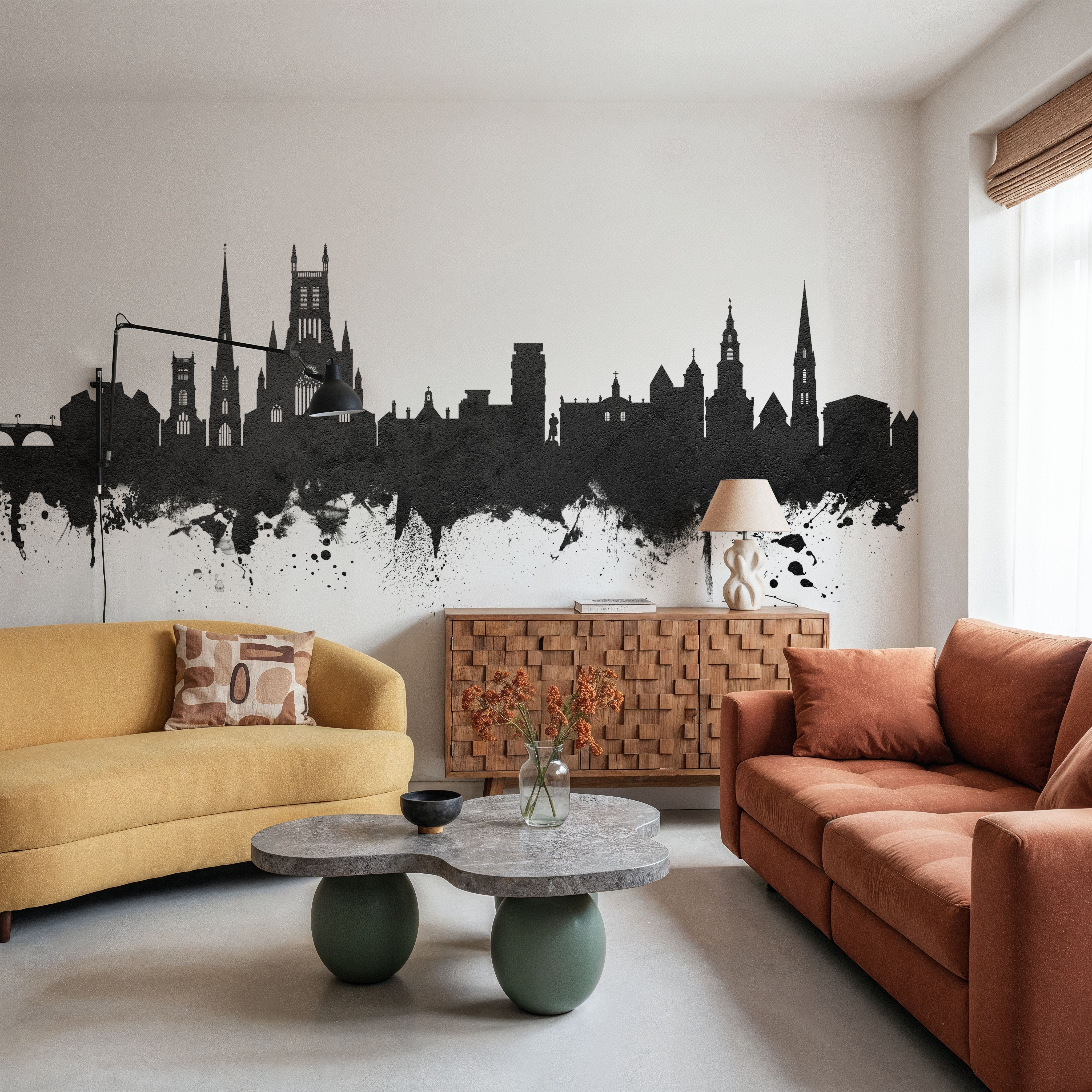 Wall Mural - Worcester England Skyline Black & White - Graphics mural wallpaper - Gray - Dining Room - Wallism US - Premium, Textured or Peel & Stick