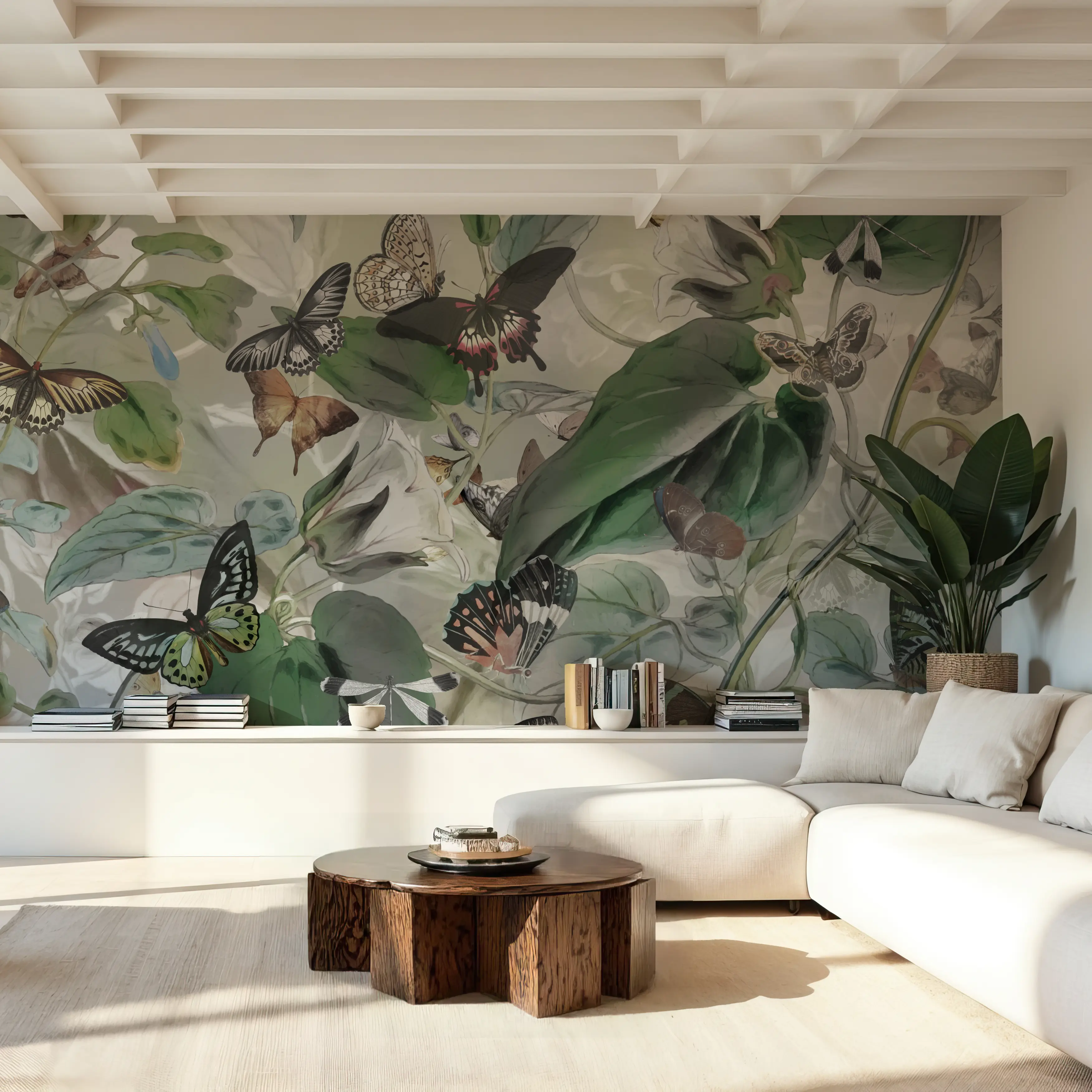 Fotobehang - Butterfly Paradise Dark Green - Bladeren Natuur Mural - Groen - Eetkamer - Wallism België - Zelfklevend of Vliesbehang