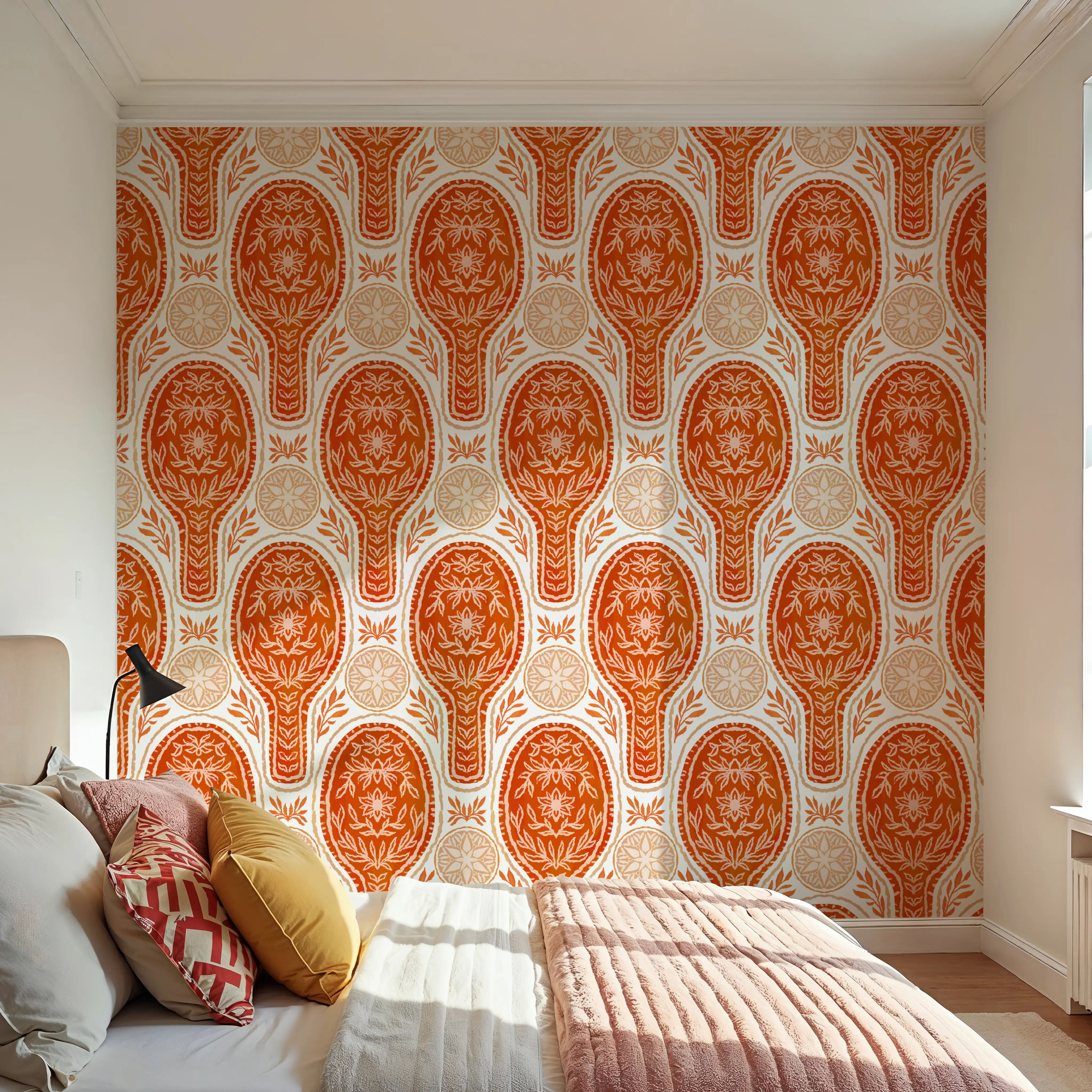 Wallpaper - Floral Rackets, Red - Arts & Crafts Chintz - Orange - Dining Room - Wallism UK - Peel & Stick or Paste-the-Wall