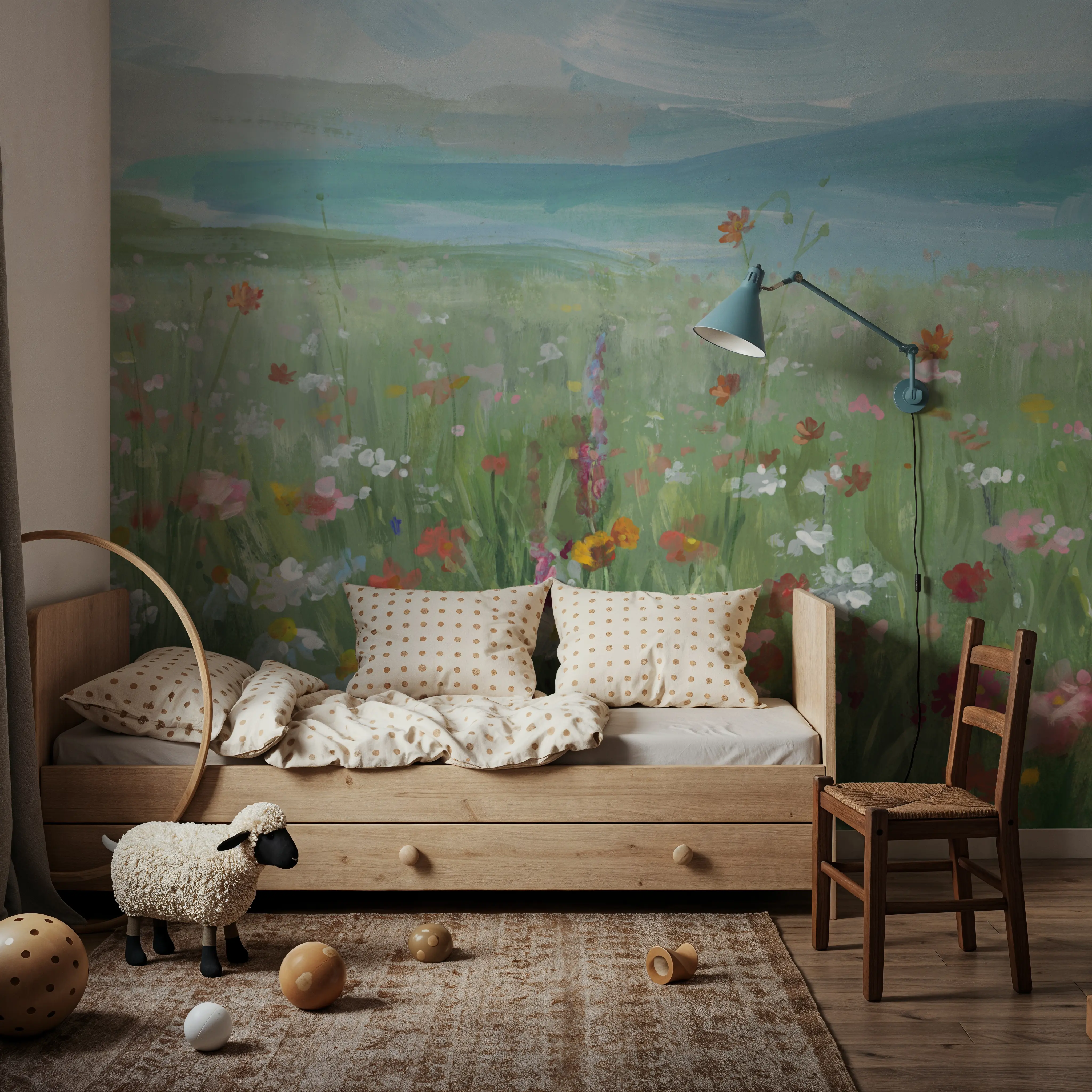 Papier Peint Panoramique - Field of Flowers - Floral Paysages - Vert - chambre d'enfant - Wallism Belgique - Encollage au mur ou Autocollant