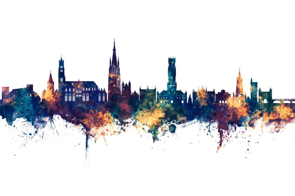 Bruges Belgium Skyline Blue & Bronze