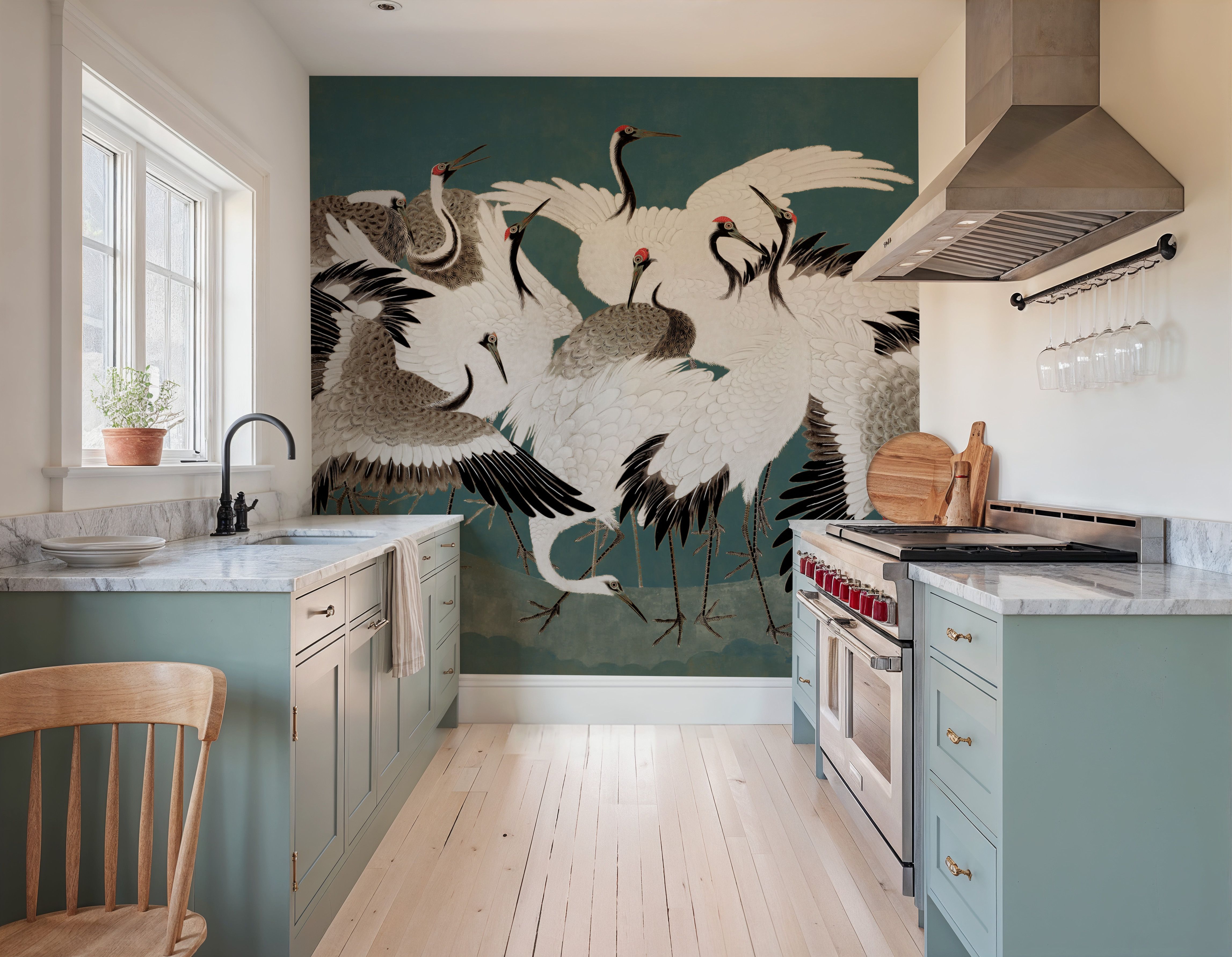 Japanese Flock of Cranes, Teal