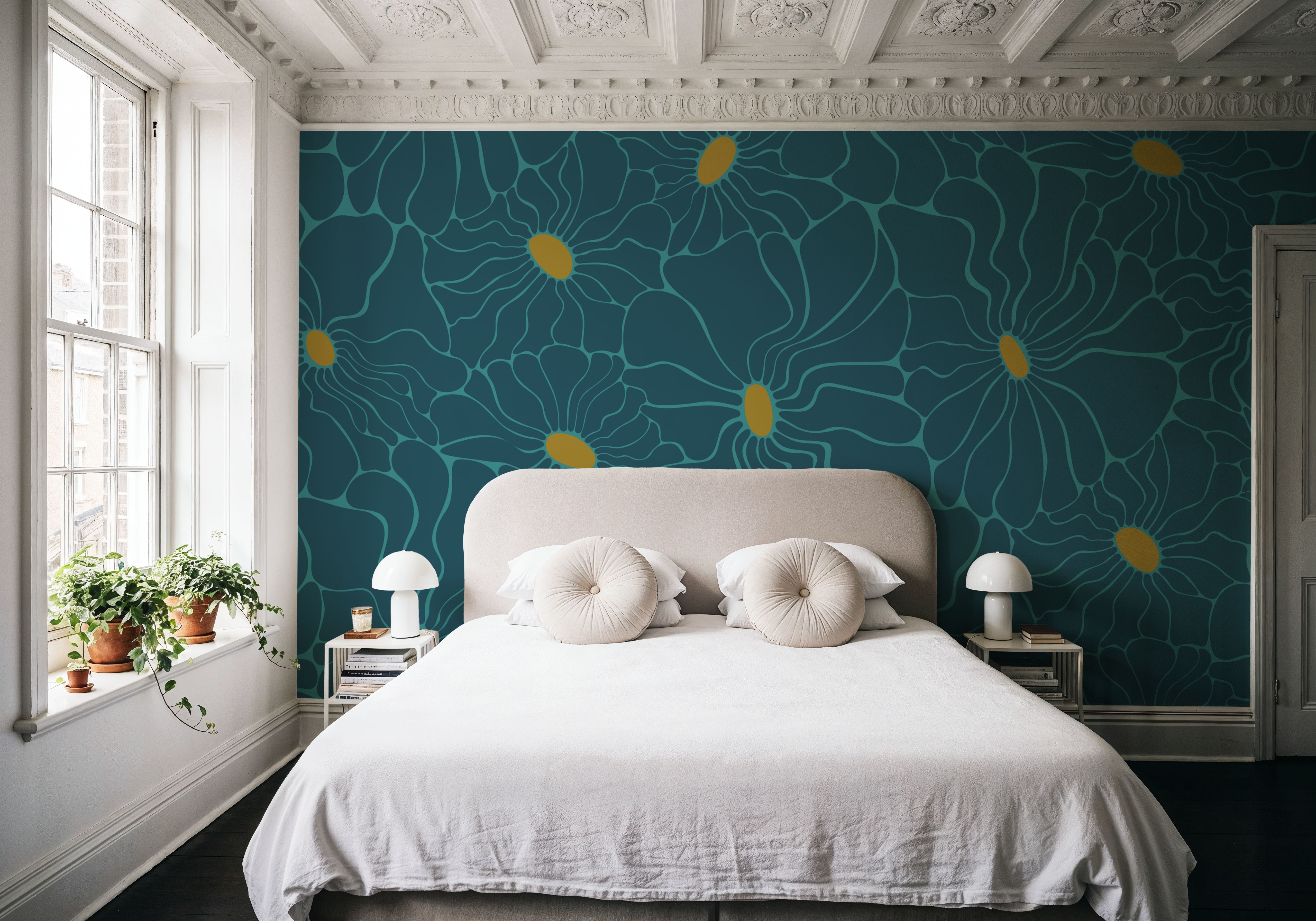 Cool Fluid Flowers Mural, Teal