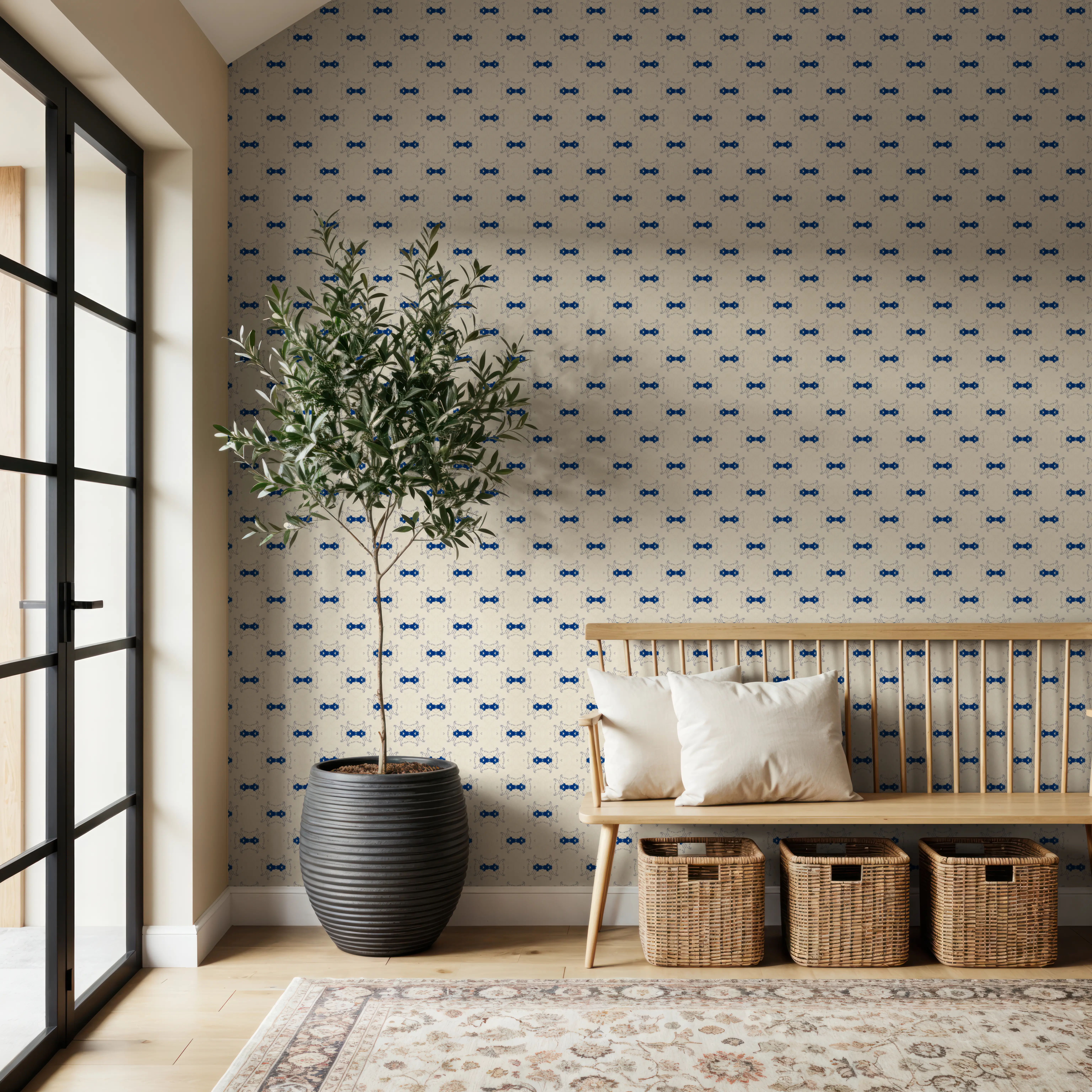 Behang - Nara Mustache - Folk Toile de Jouy - Blauw - Kantoorruimtes - Wallism België - Zelfklevend of Vliesbehang