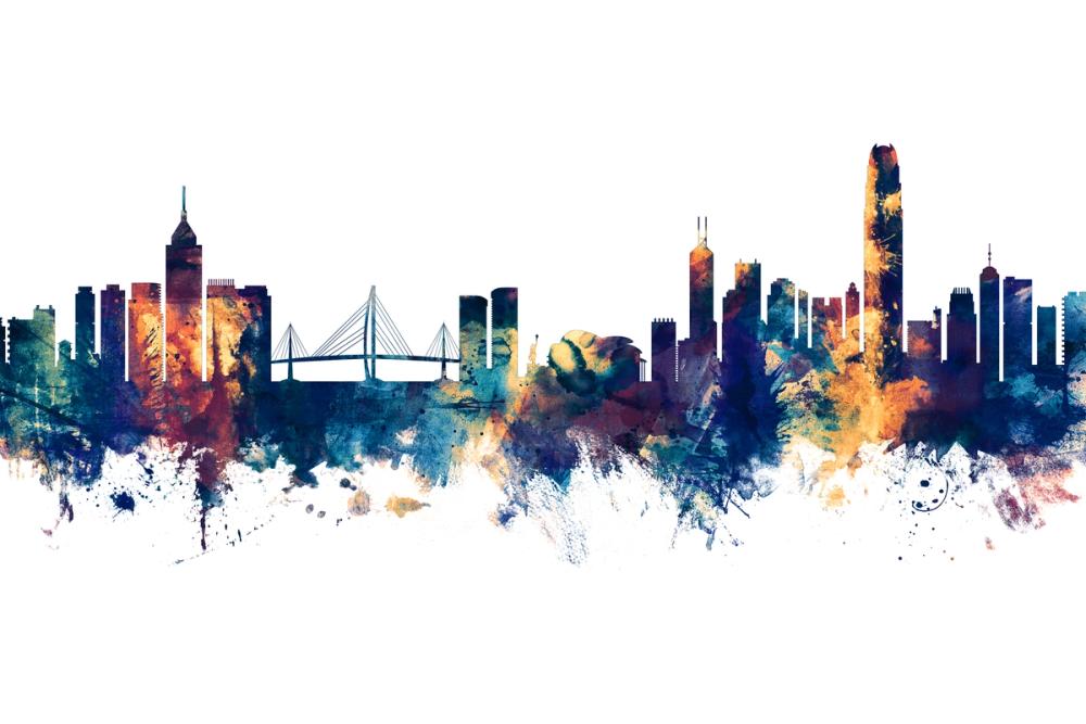 Hong Kong Skyline Blue & Bronze