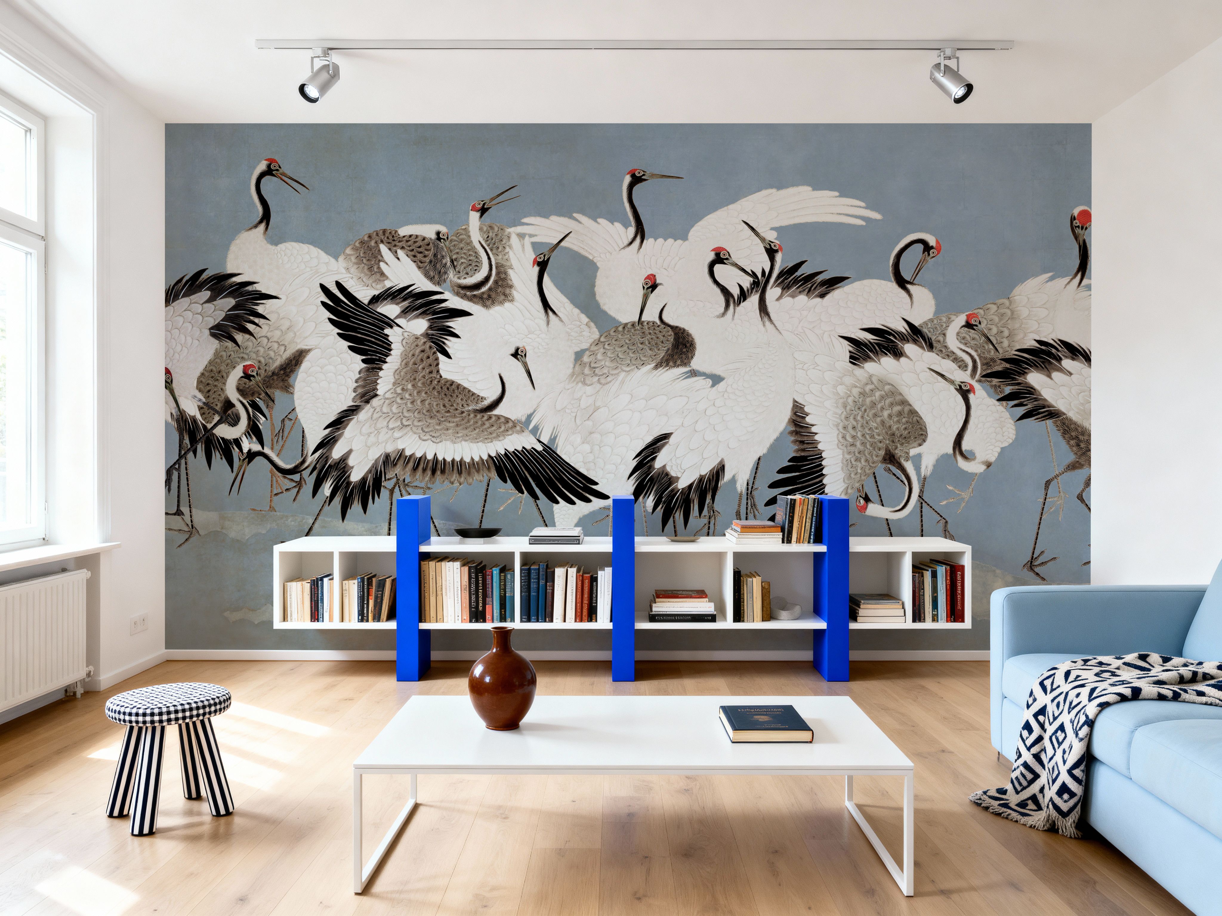 Japanese Flock of Cranes, Misty Sky, Wallpaper
