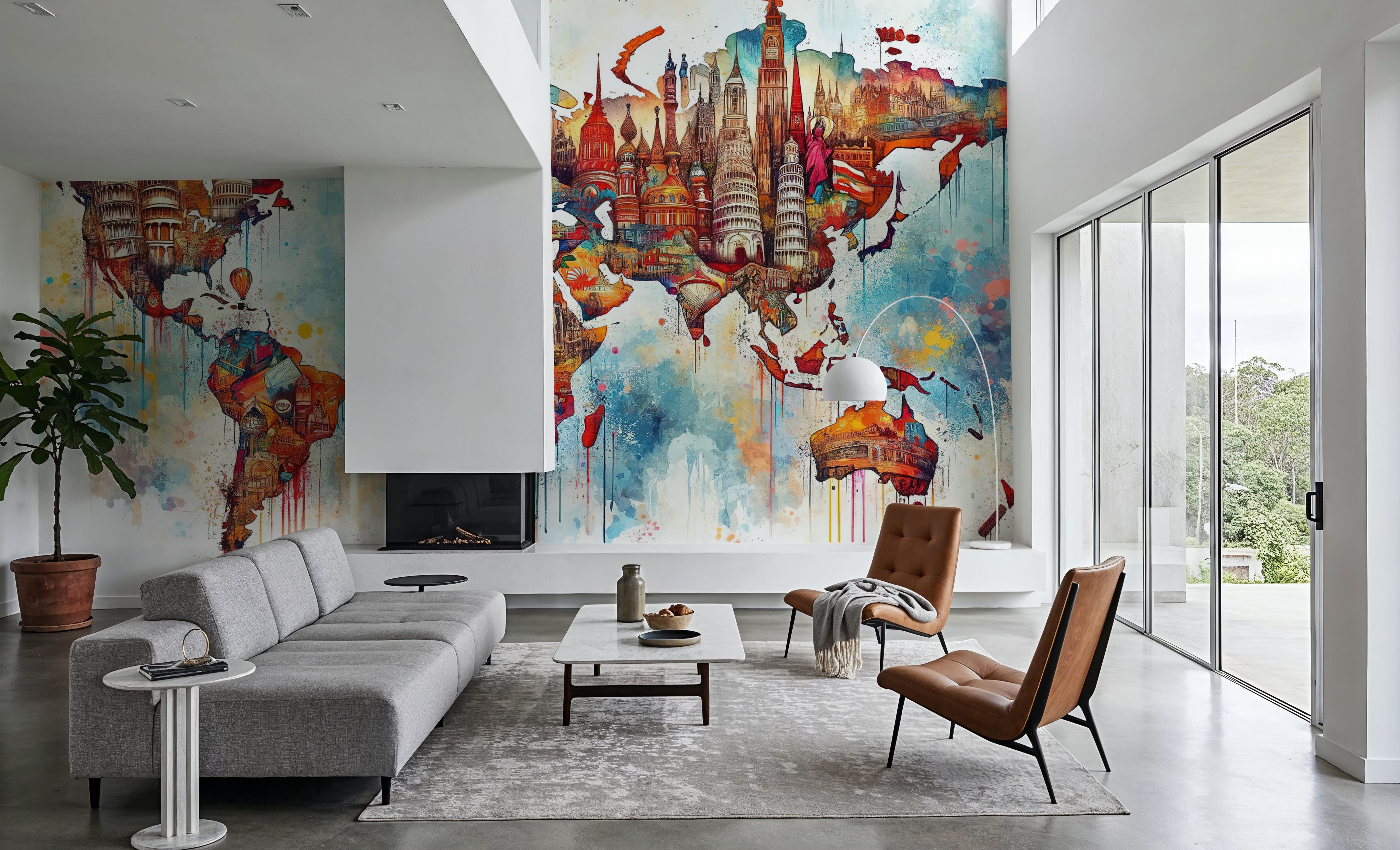 Watercolor World Map Landmarks