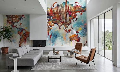 Watercolor World Map Landmarks
