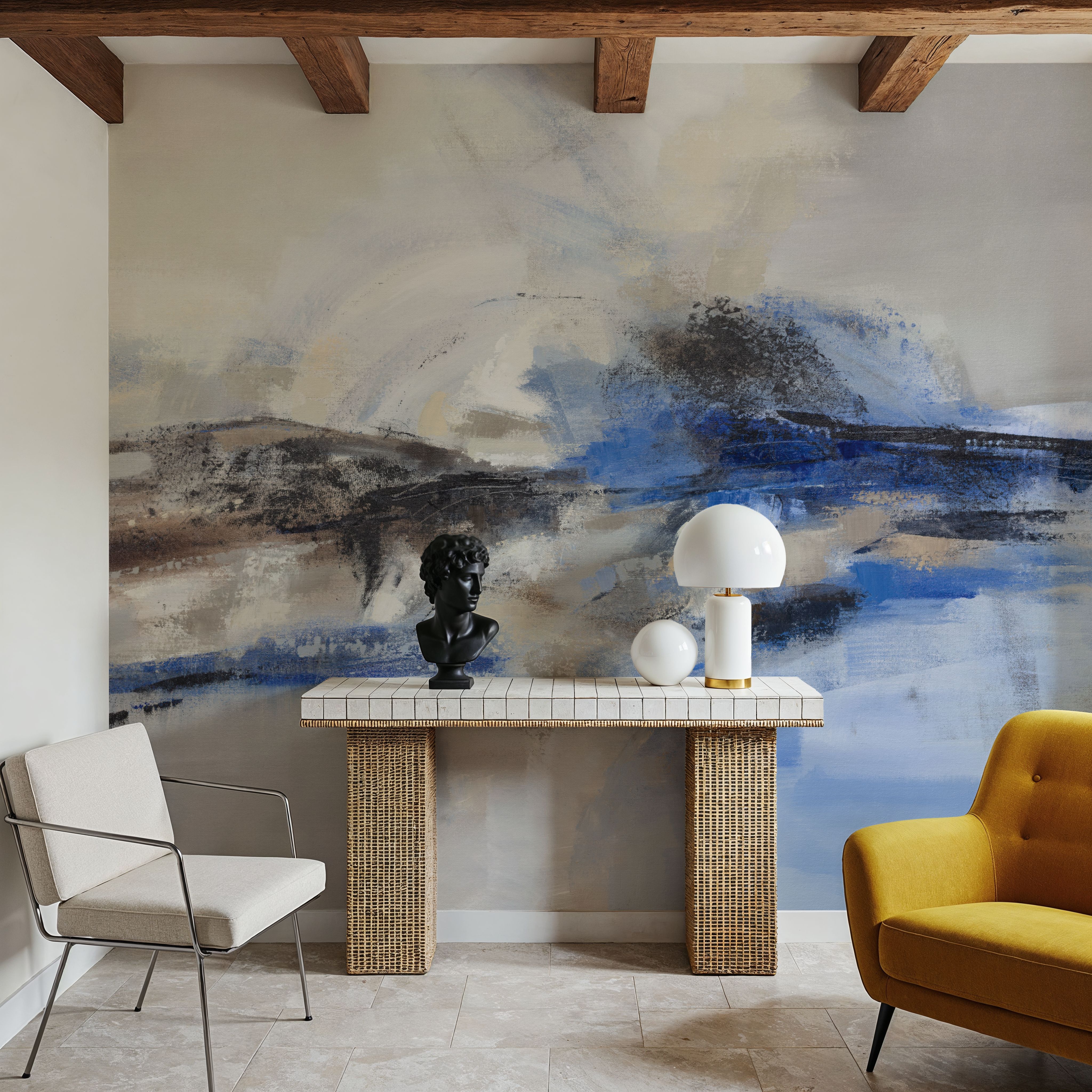 Wall Mural - Sapphire Wave - Abstract Contemporary mural wallpaper - Hallway staircases - Wallism US - Premium, Textured or Peel & Stick