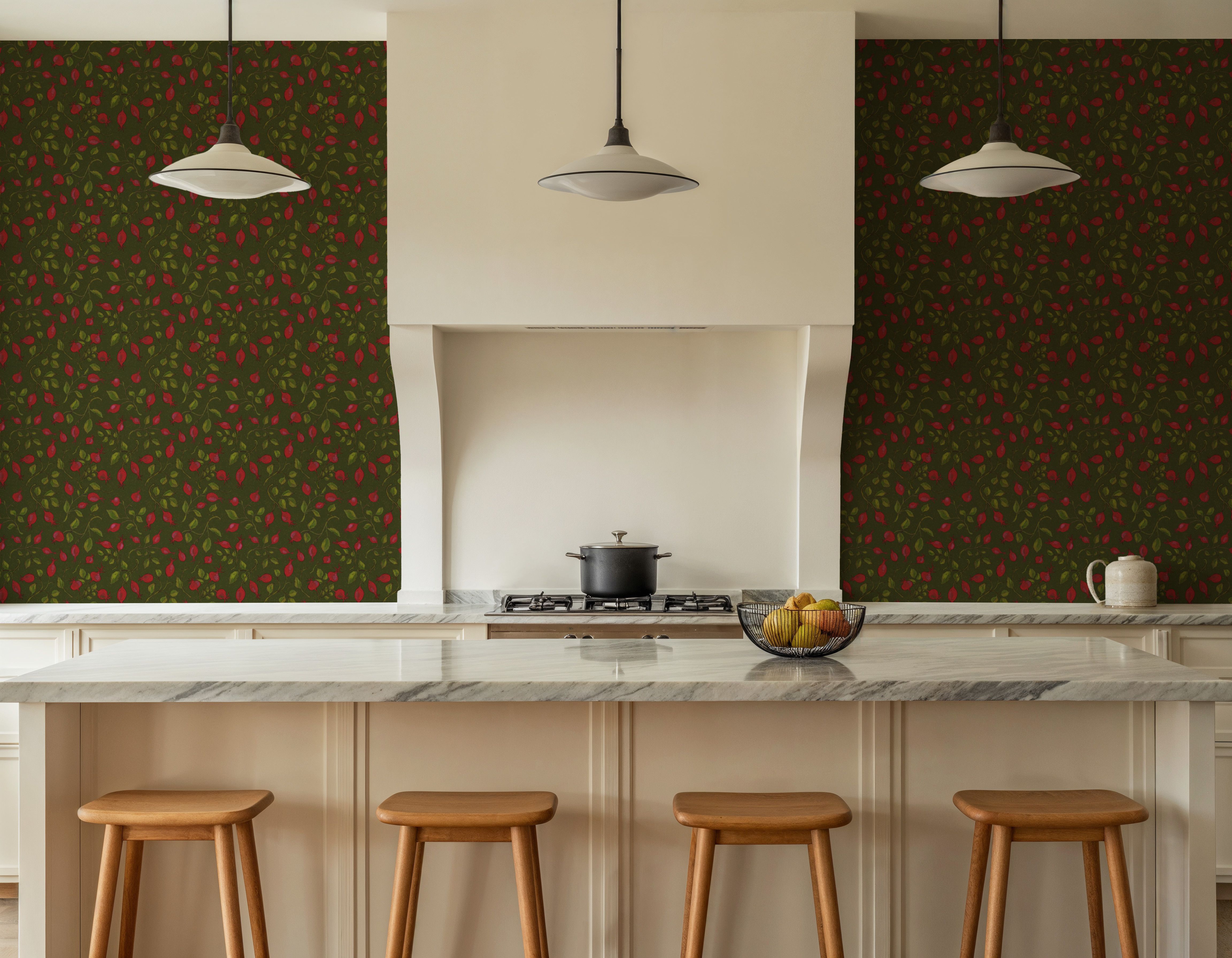 Rosehips, Coral on Olive