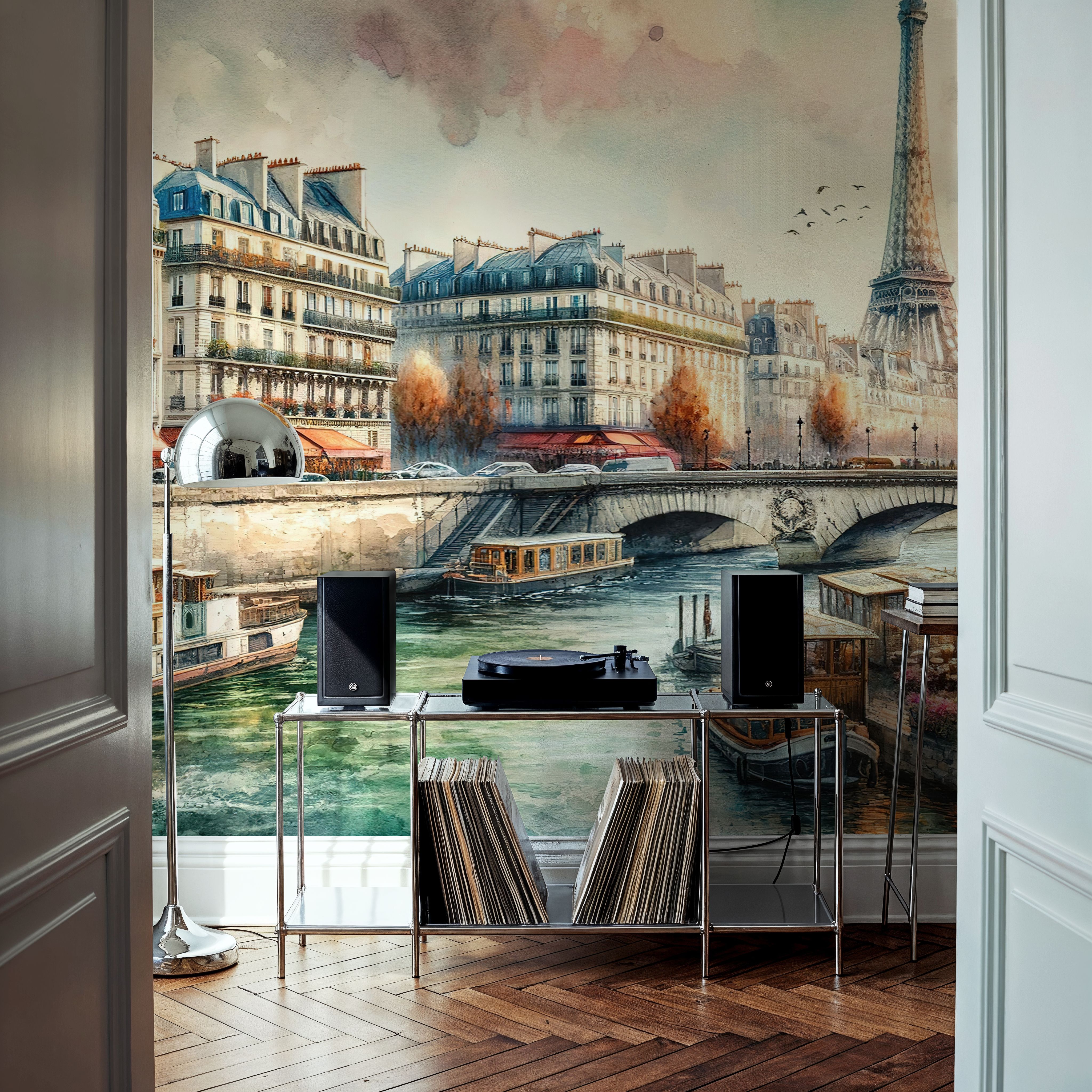 Parisian River Scene with Eiffel Tower