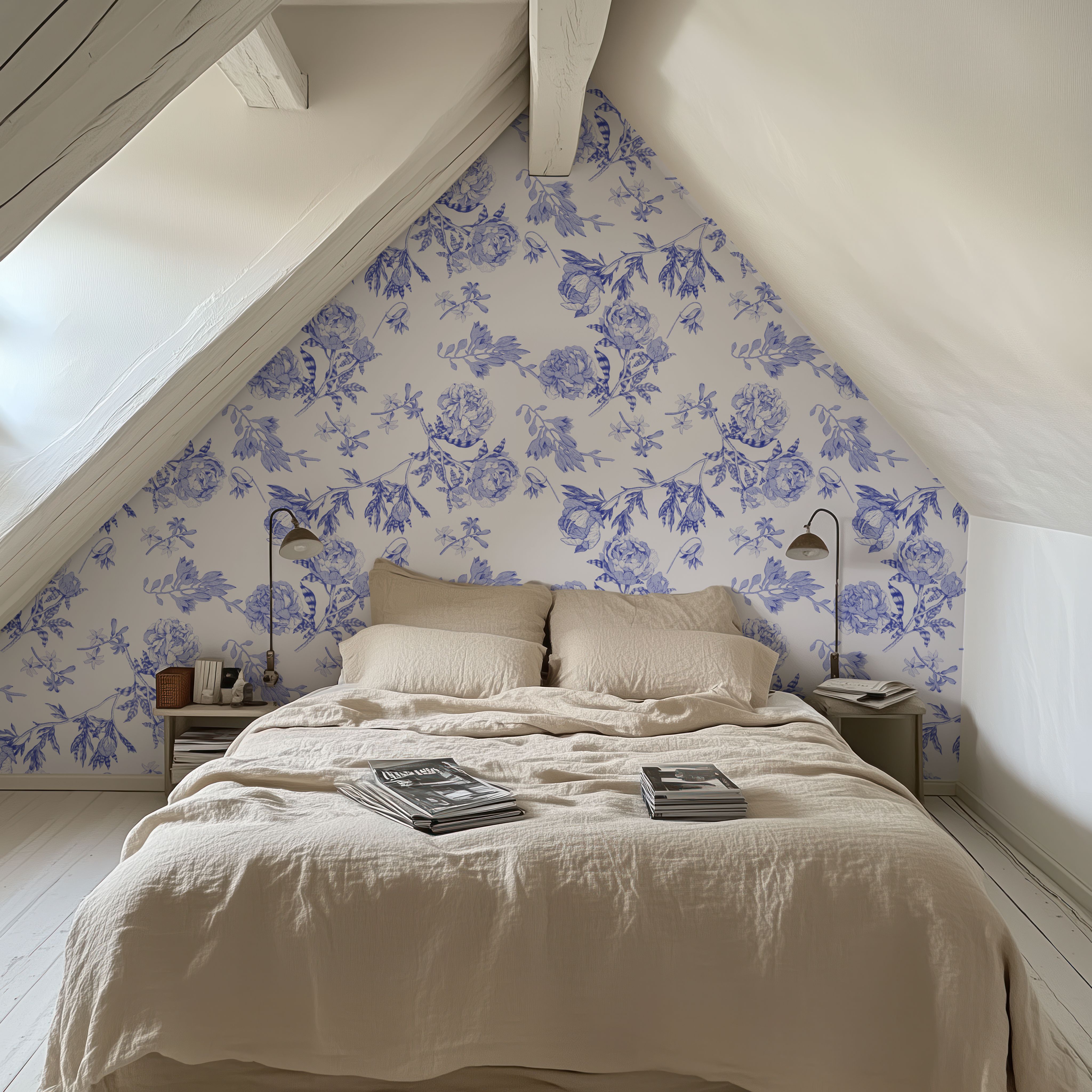 Peony Passion, Blue on White