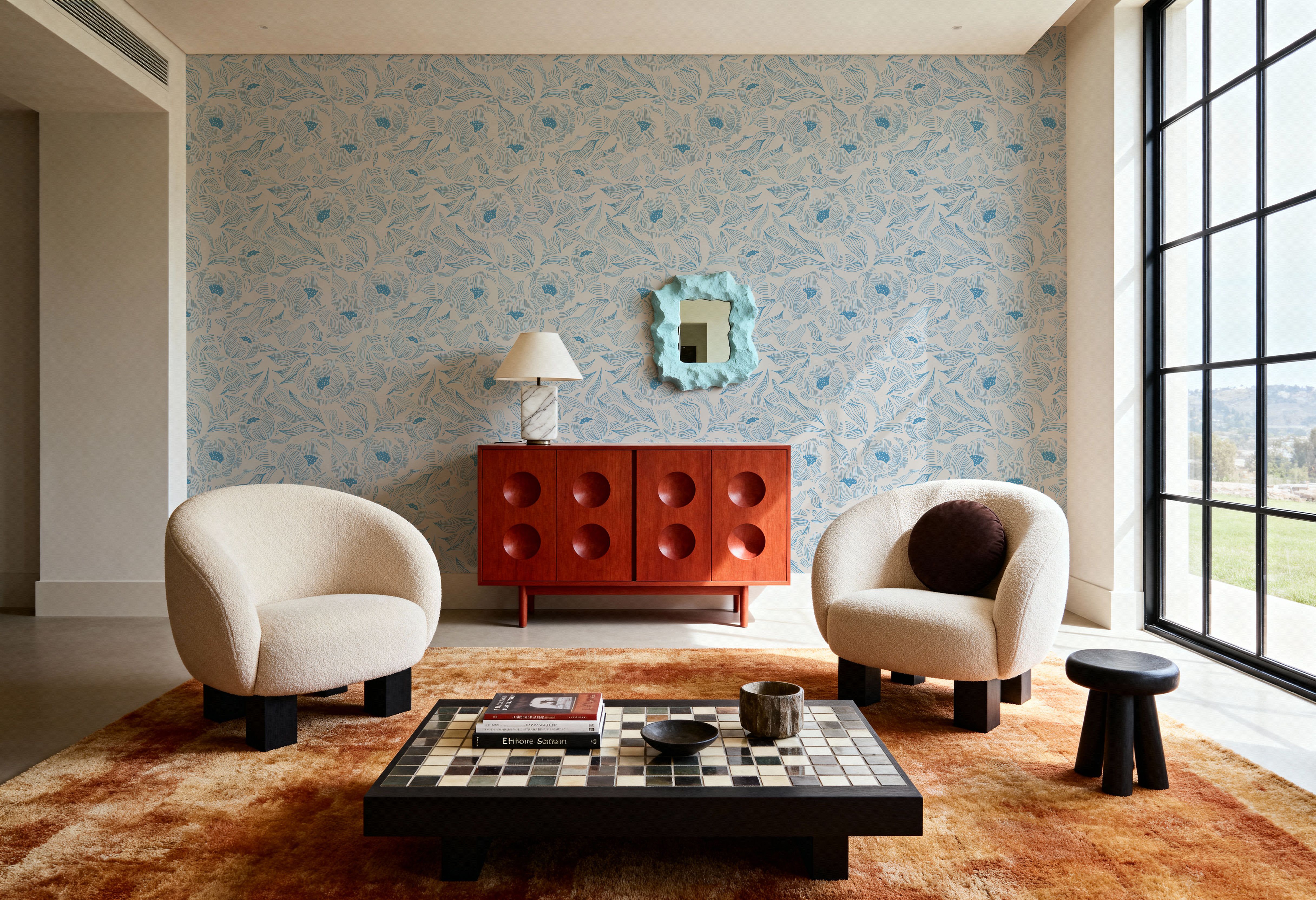 Hidden Peonies, Blue on Beige