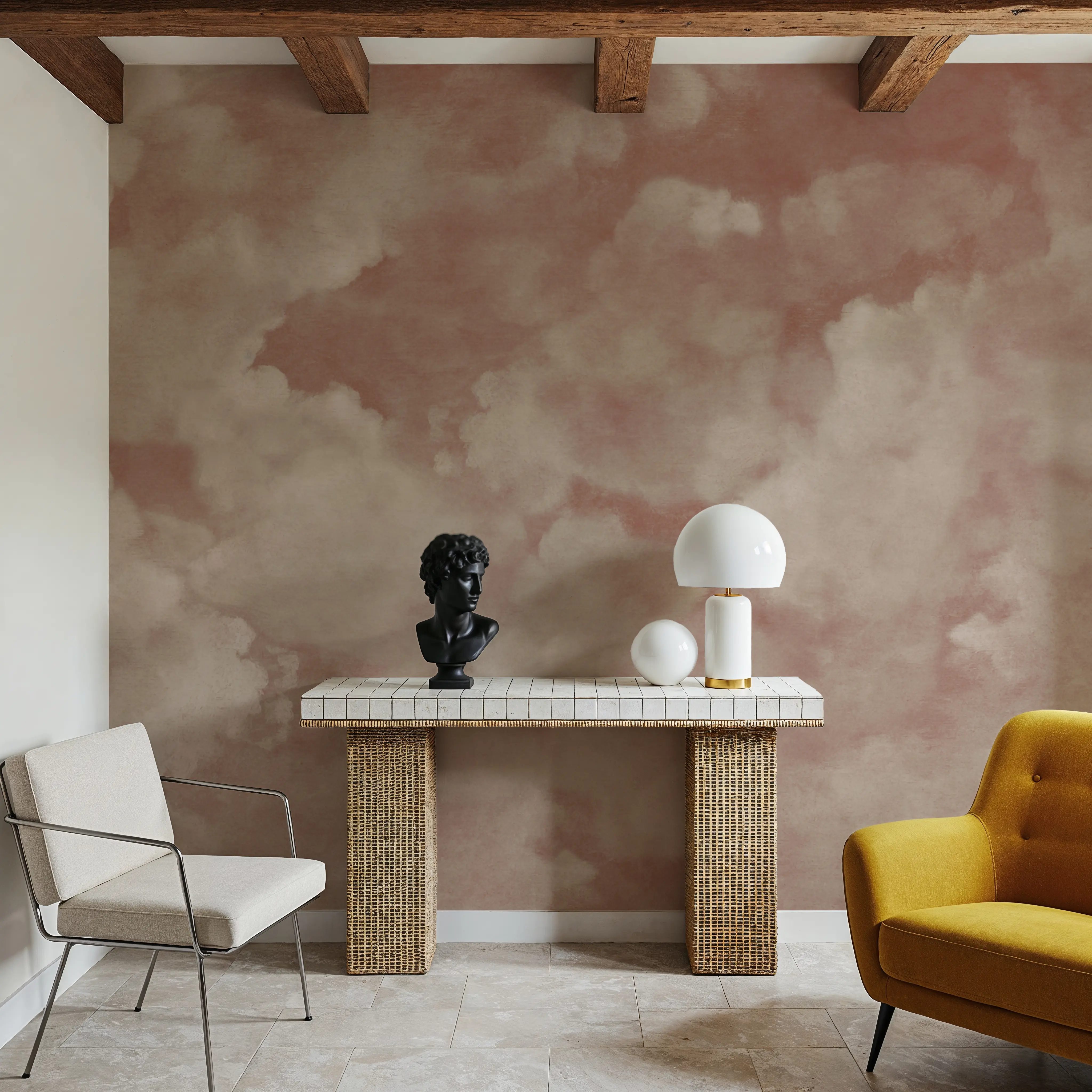 Papier Peint Panoramique - Painted Dreamy Clouds, Dusty Rose - Abstrait Ciel - Marron - Chambre - Wallism Belgique - Encollage au mur ou Autocollant