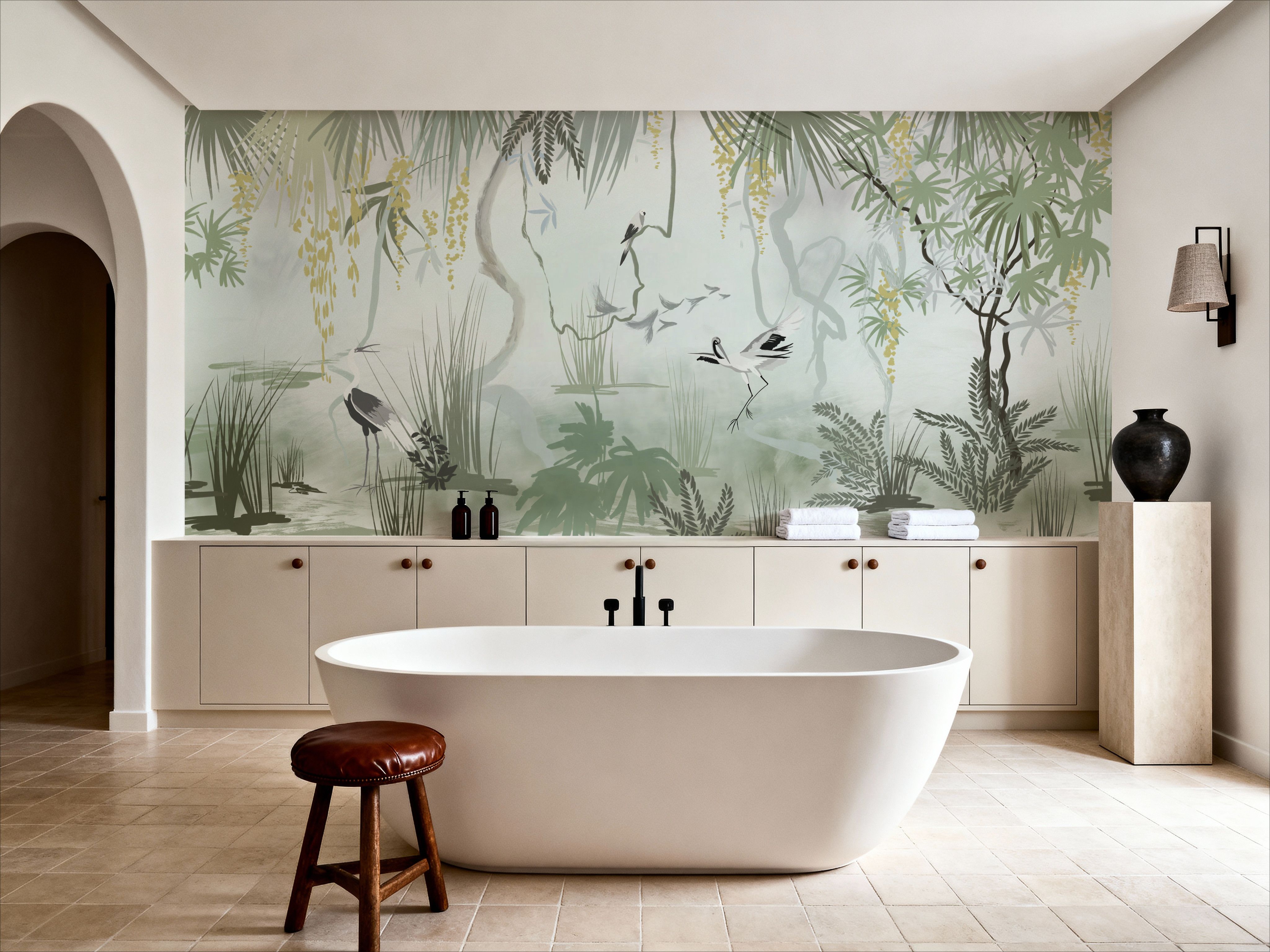 Painted Herons Scenery, Green, Wallpaper