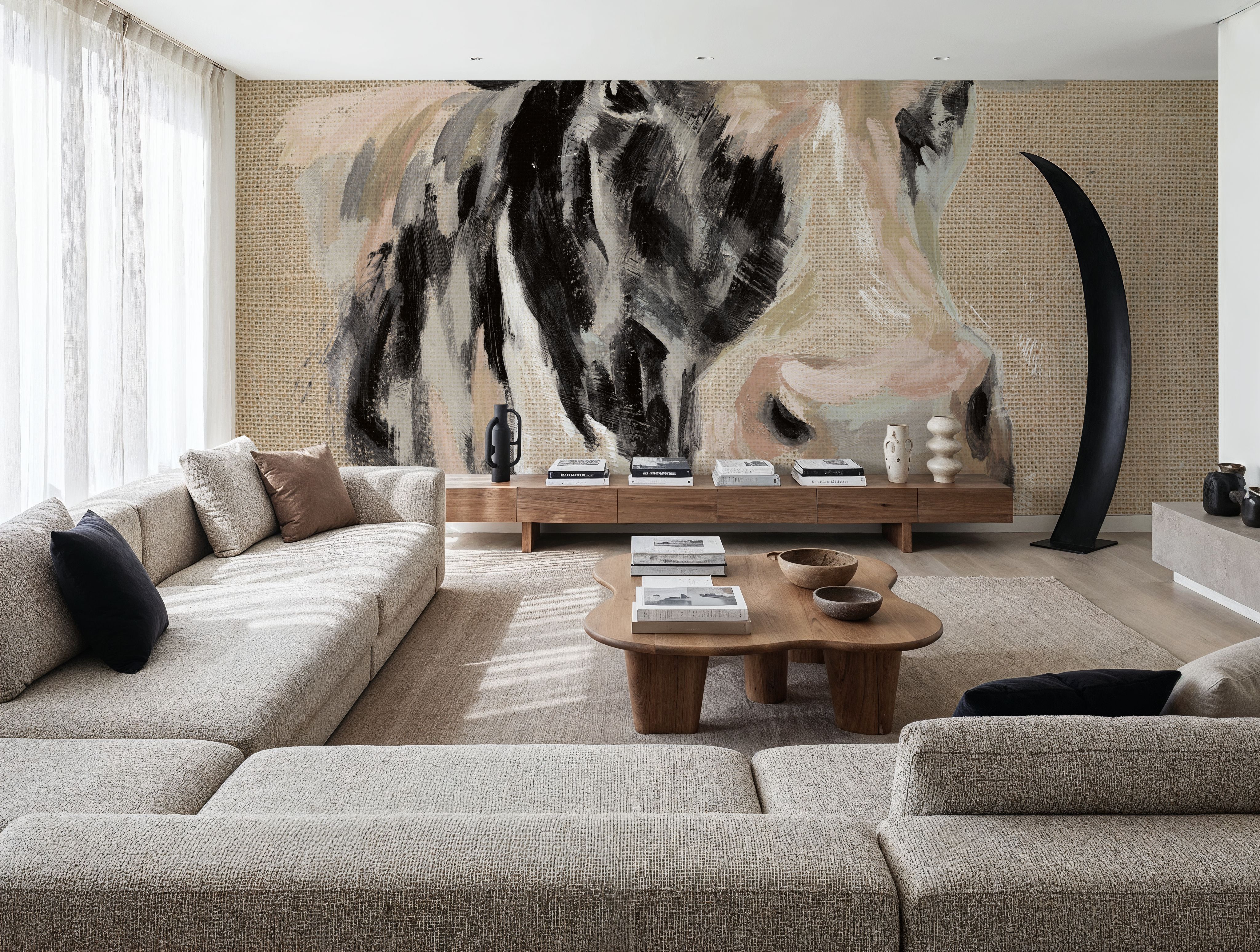 Expressionistic Cow I Neutral Burlap