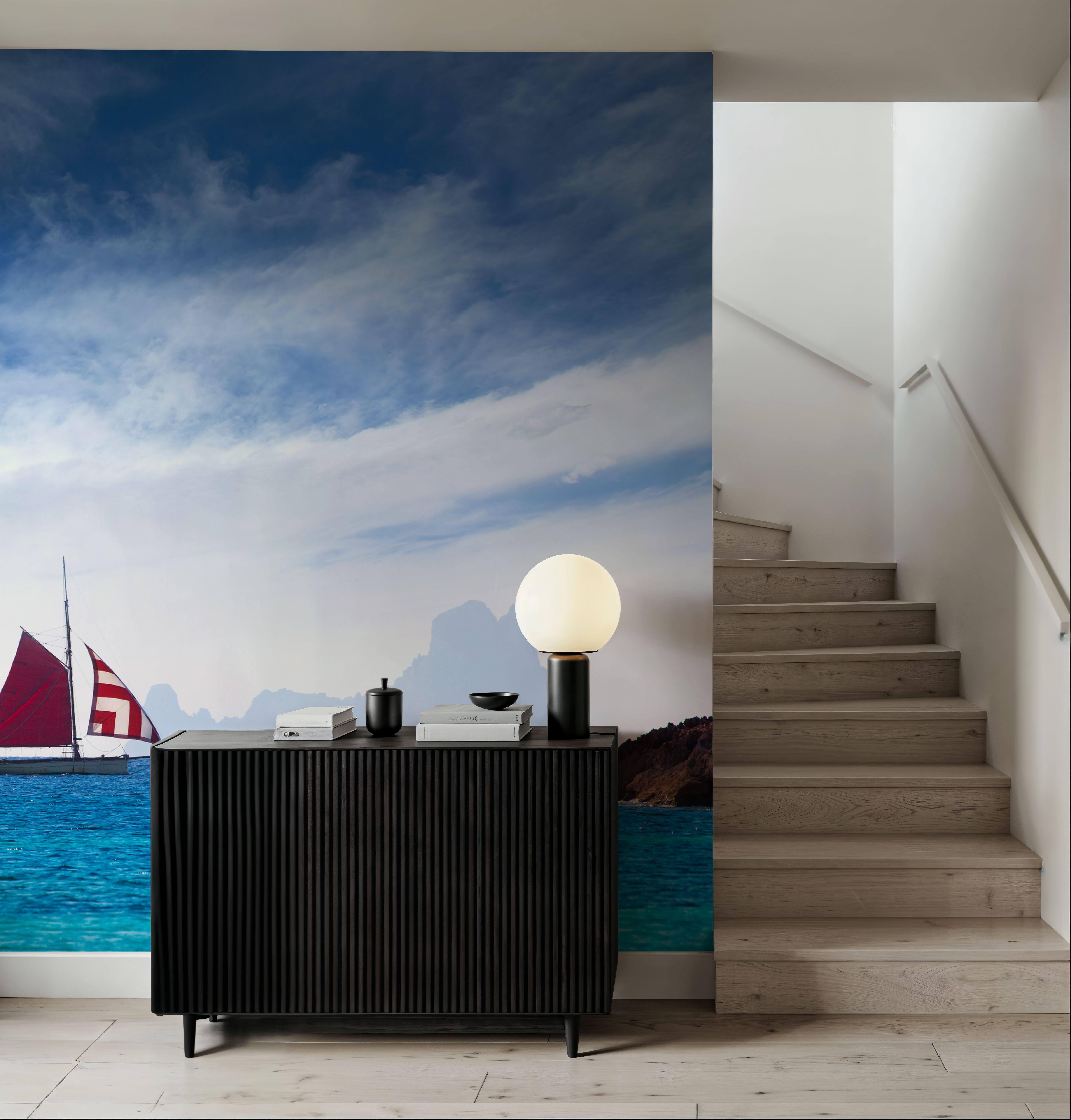 Wall Mural - Ibiza Sailboat - Sea Landscapes mural wallpaper - Blue - Dining Room - Wallism US - Premium, Textured or Peel & Stick