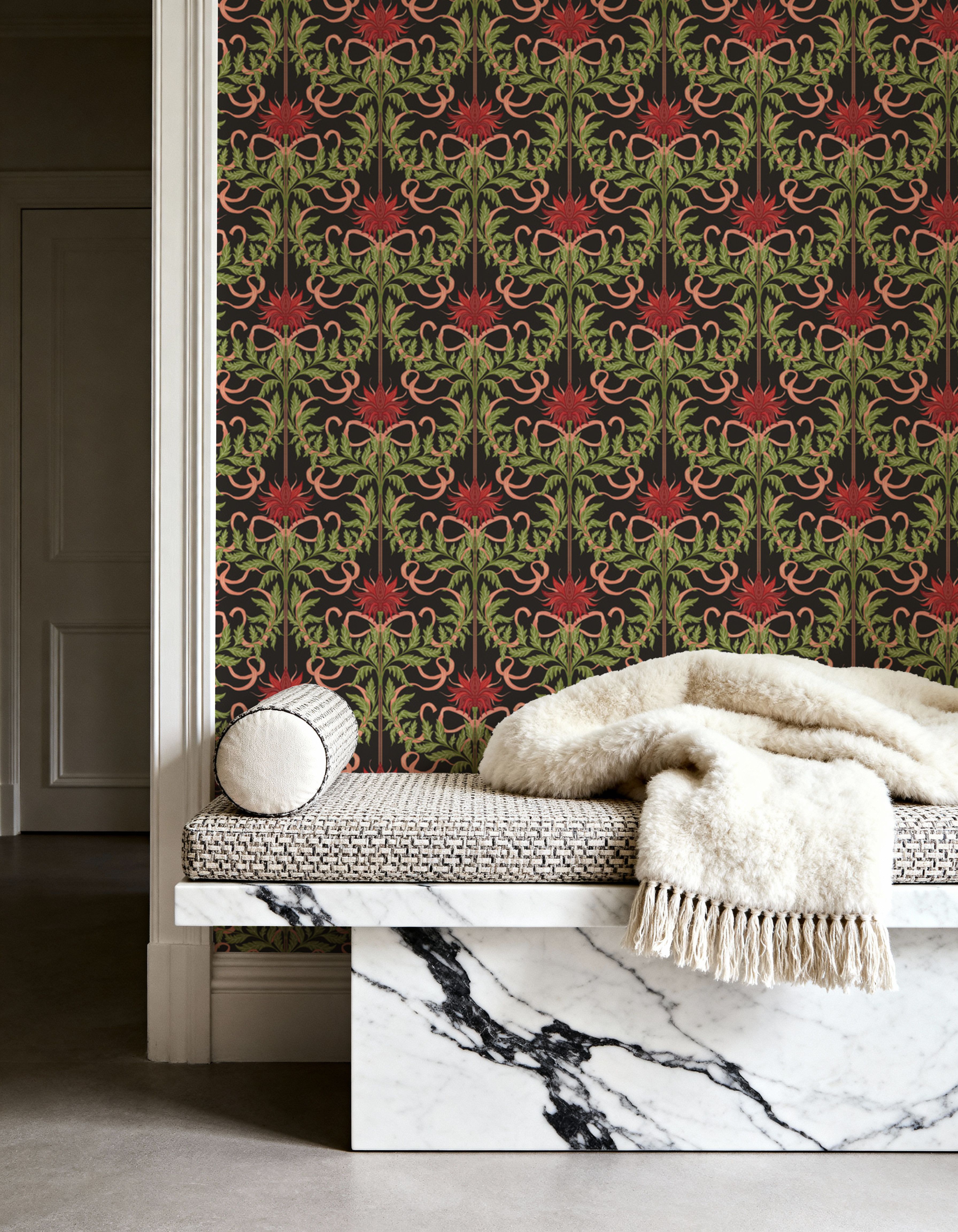 Floral Damask & Bows, Vermilion