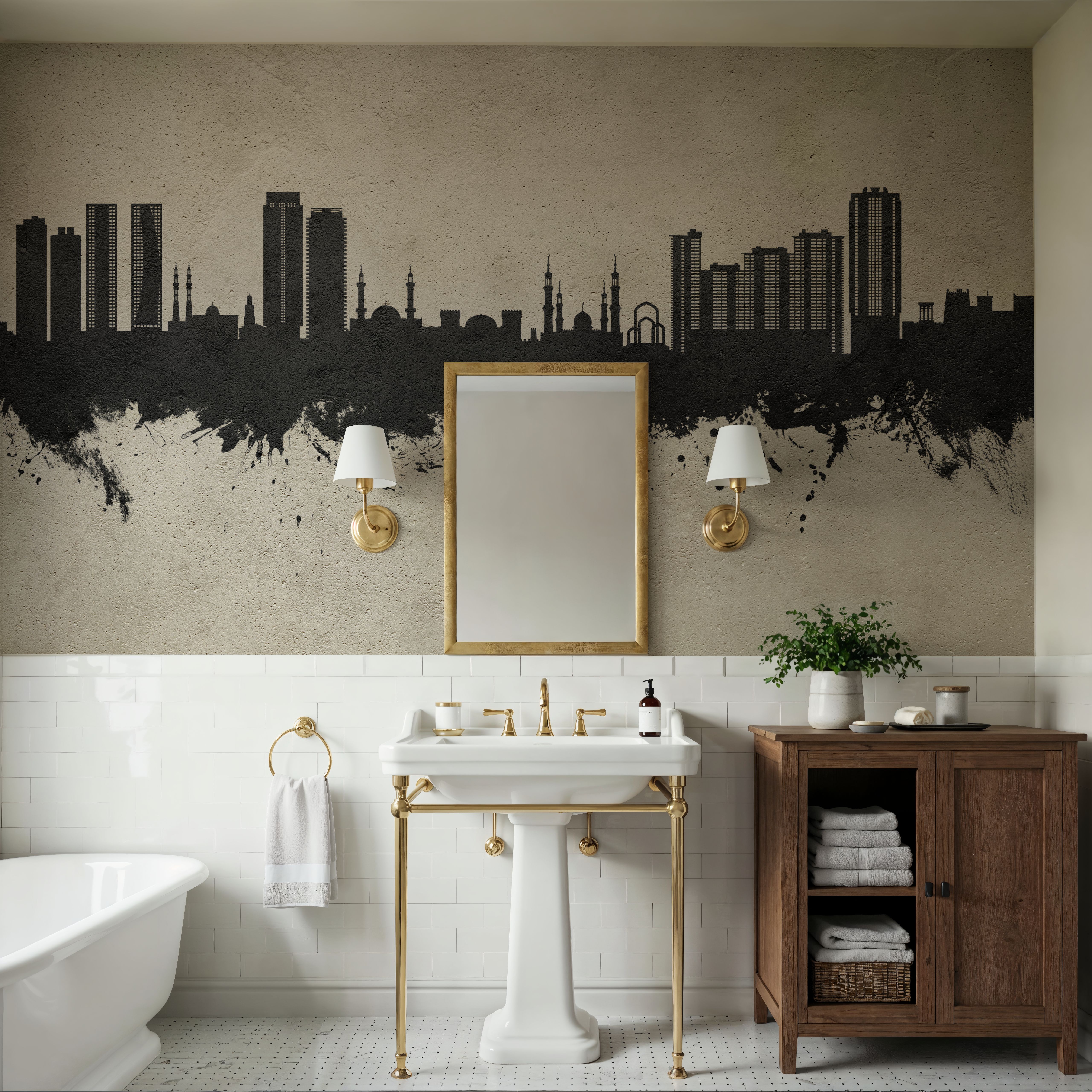 Wall Mural - Ajman Skyline Concrete - Graphics mural wallpaper - Gray - Living room - Wallism US - Premium, Textured or Peel & Stick