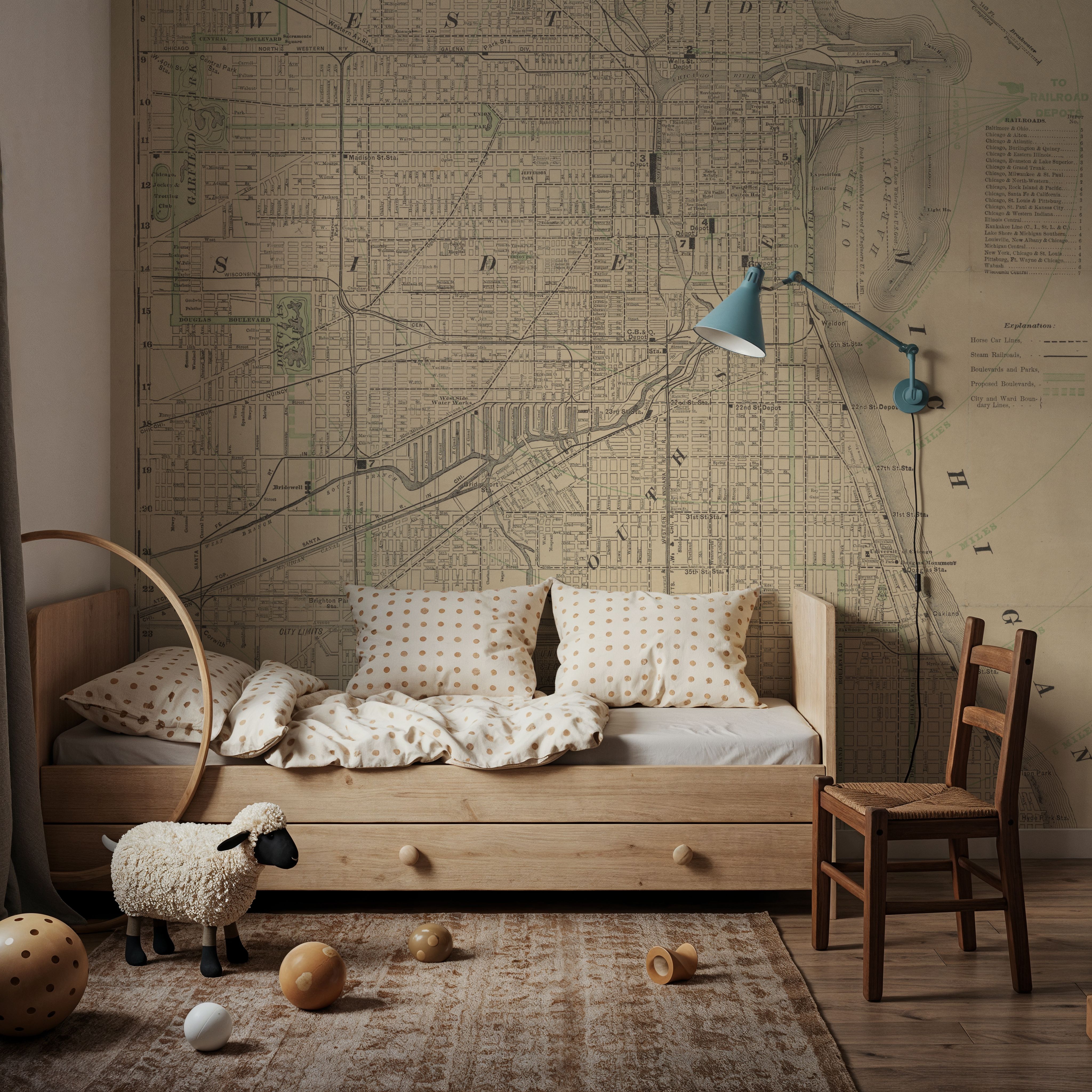 Wall Mural - City of Chicago Map 1888 - Big Cities Cities mural wallpaper - Blue - Bedroom - Wallism UK - Premium, Textured or Peel & Stick