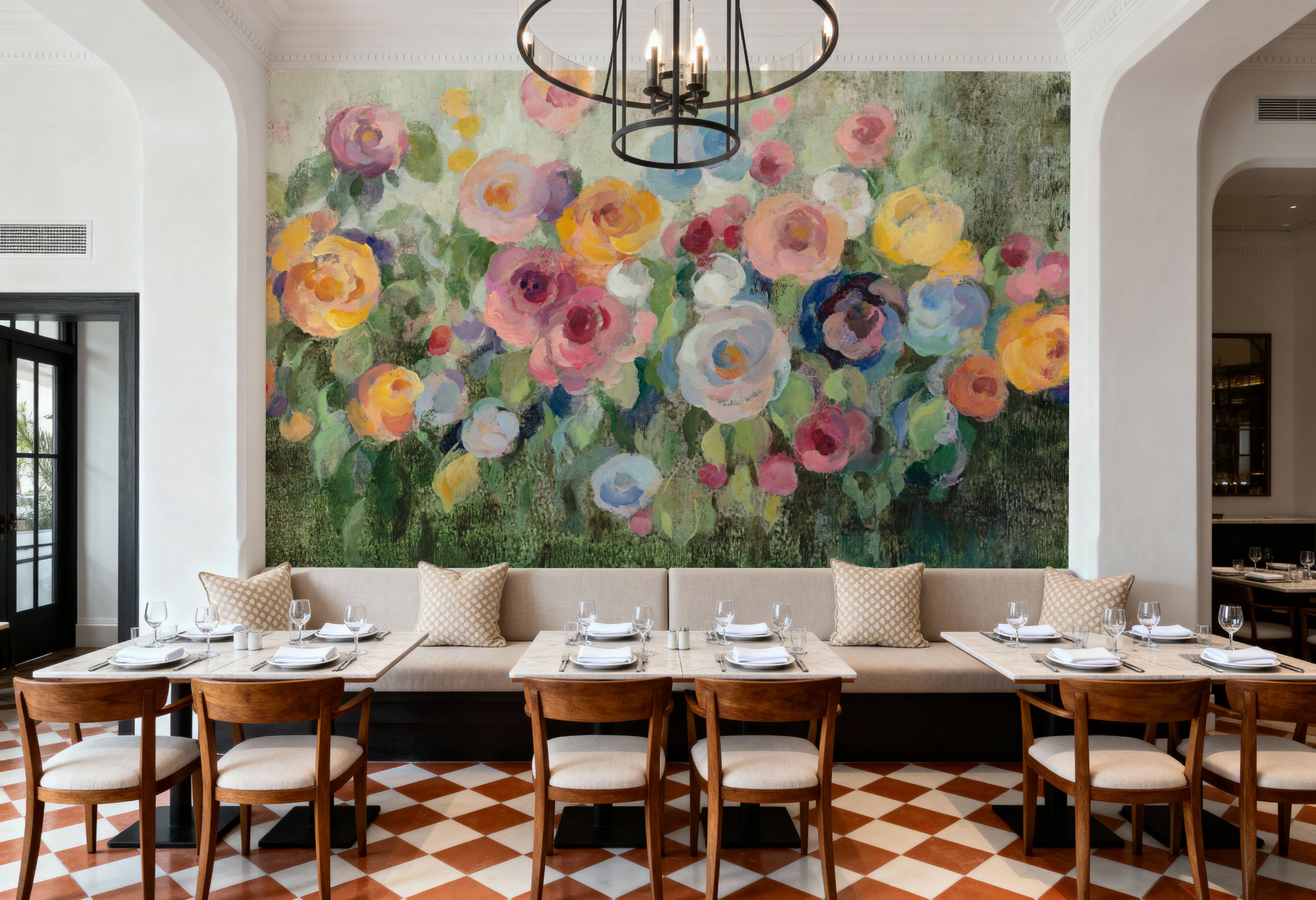 Flowers on Mossy Green, Wallpaper