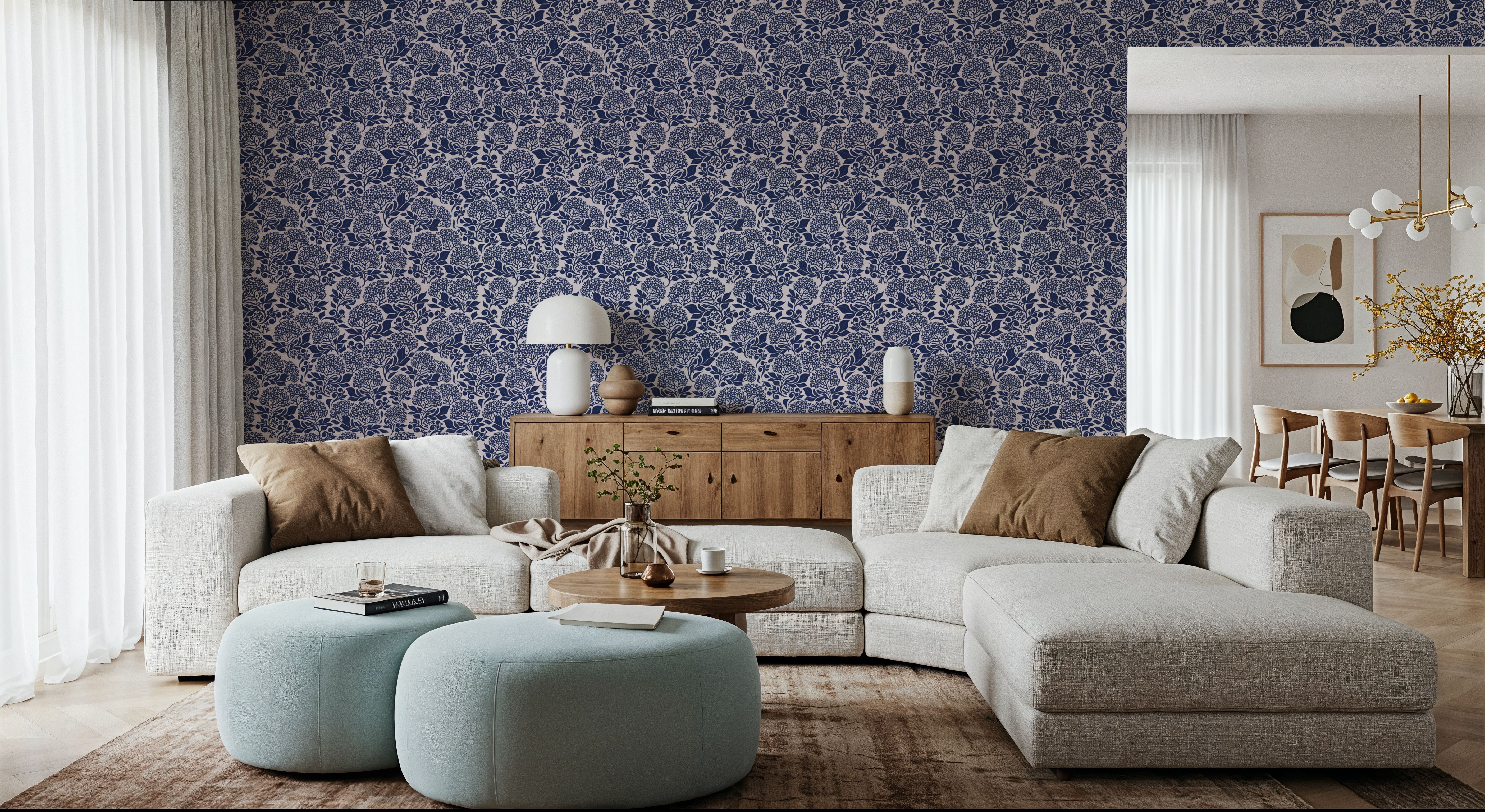 Hydrangea, Navy on Cream