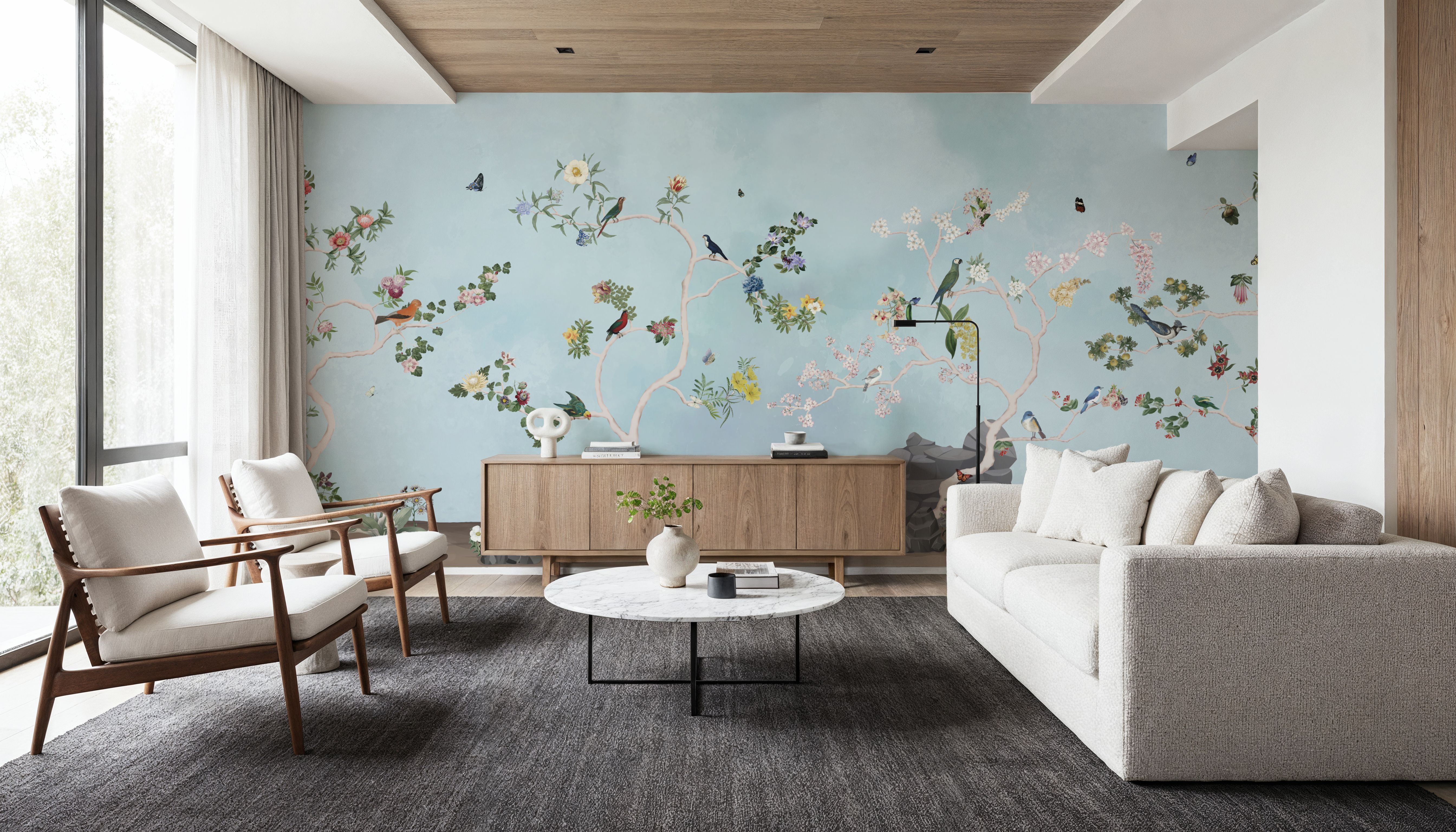 Birds in the Garden Blue, Wallpaper