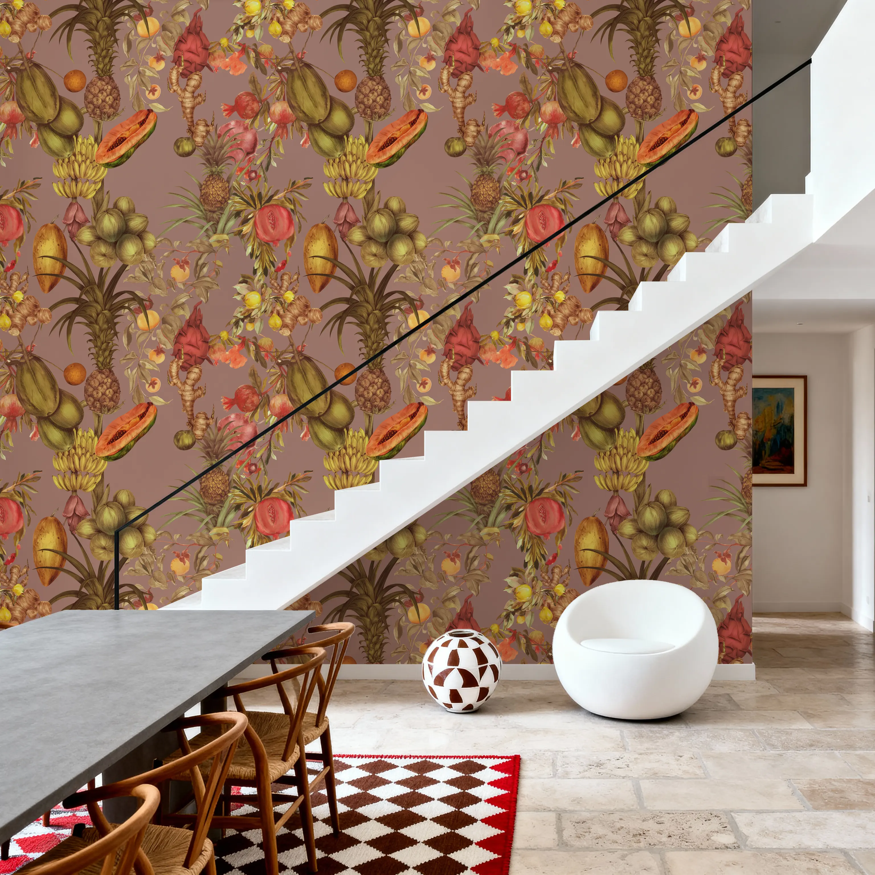 Papier Peint - Juicy Fruits, Dusty Pink - Floral Nature - Marron - Couloir et escaliers - Wallism Belgique - Encollage au mur ou Autocollant