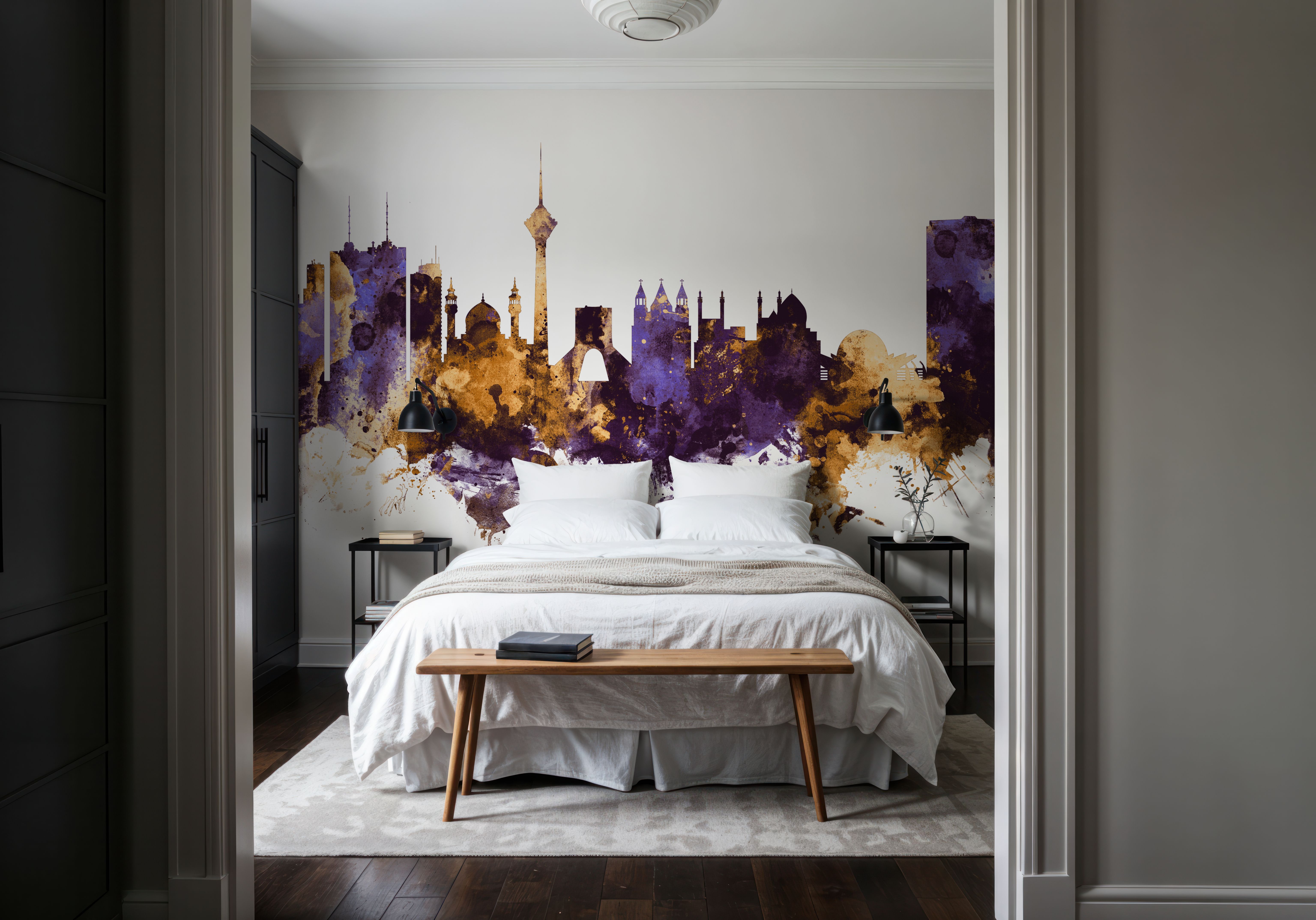 Wall Mural - Tehran Iran Skyline Purple & Gold - Hallway staircases - Wallism US - Premium, Textured or Peel & Stick