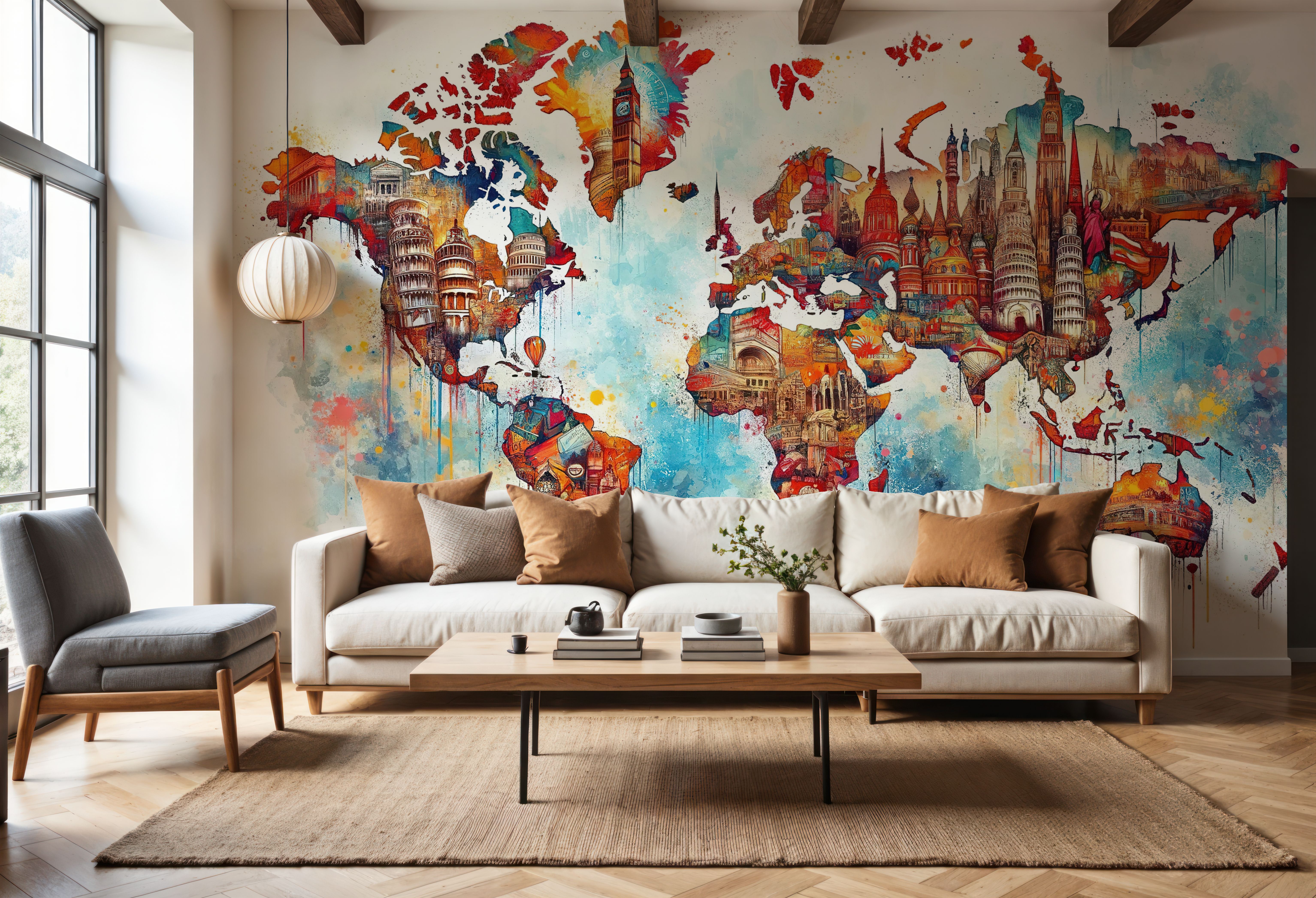 Watercolor World Map Landmarks