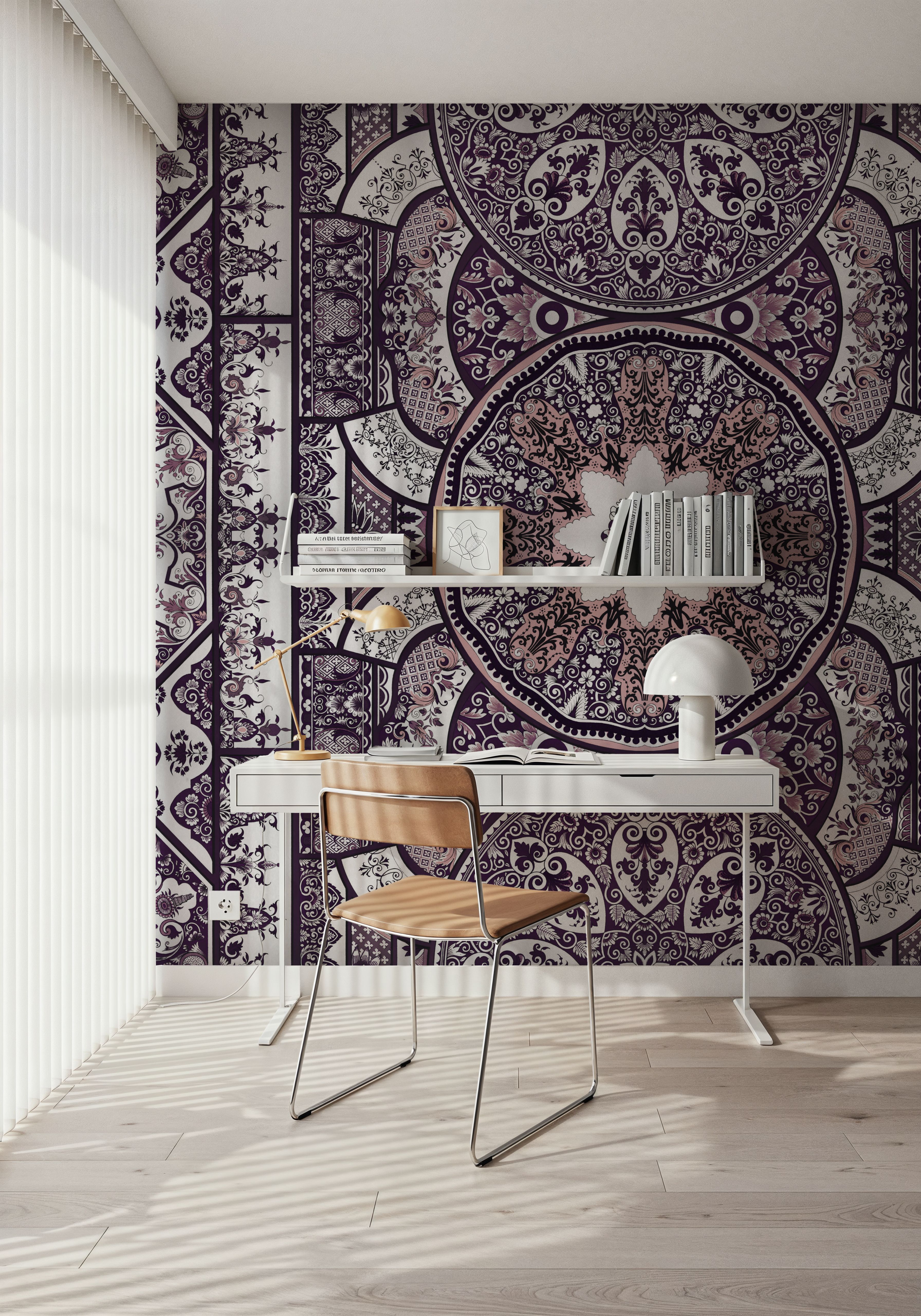 Wall Mural - Eastern Tales, Plum - Circles Floral mural wallpaper - Purple - Offices - Wallism UK - Premium, Textured or Peel & Stick
