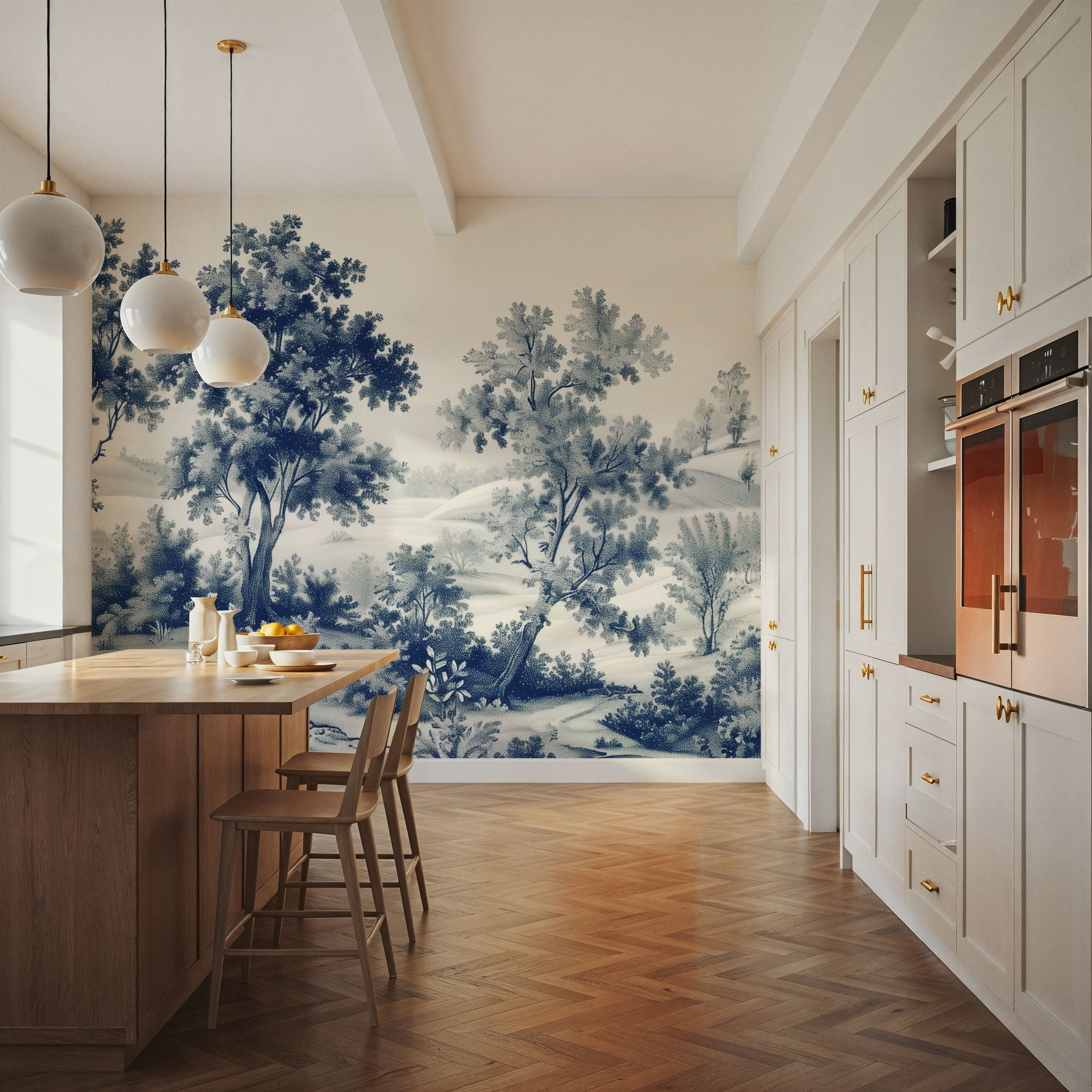 Wall Mural - Pastoral Toile, Royal Blue - Forest Nature mural wallpaper - Blue - Living room - Wallism US - Premium, Textured or Peel & Stick