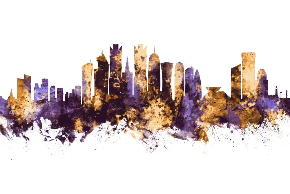 Doha Qatar Skyline Purpl & Gold