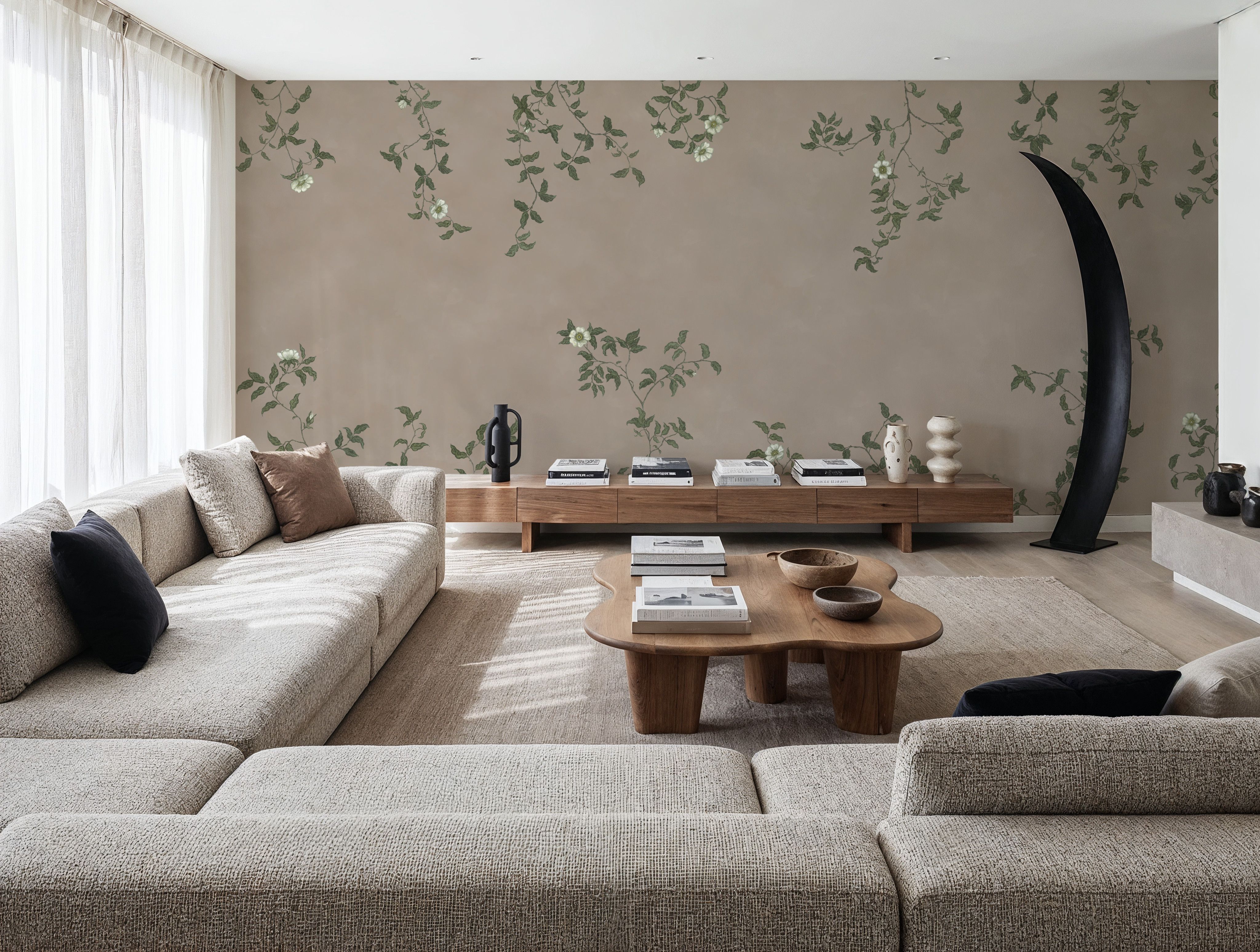 Rambling Rose, Ivory on Beige
