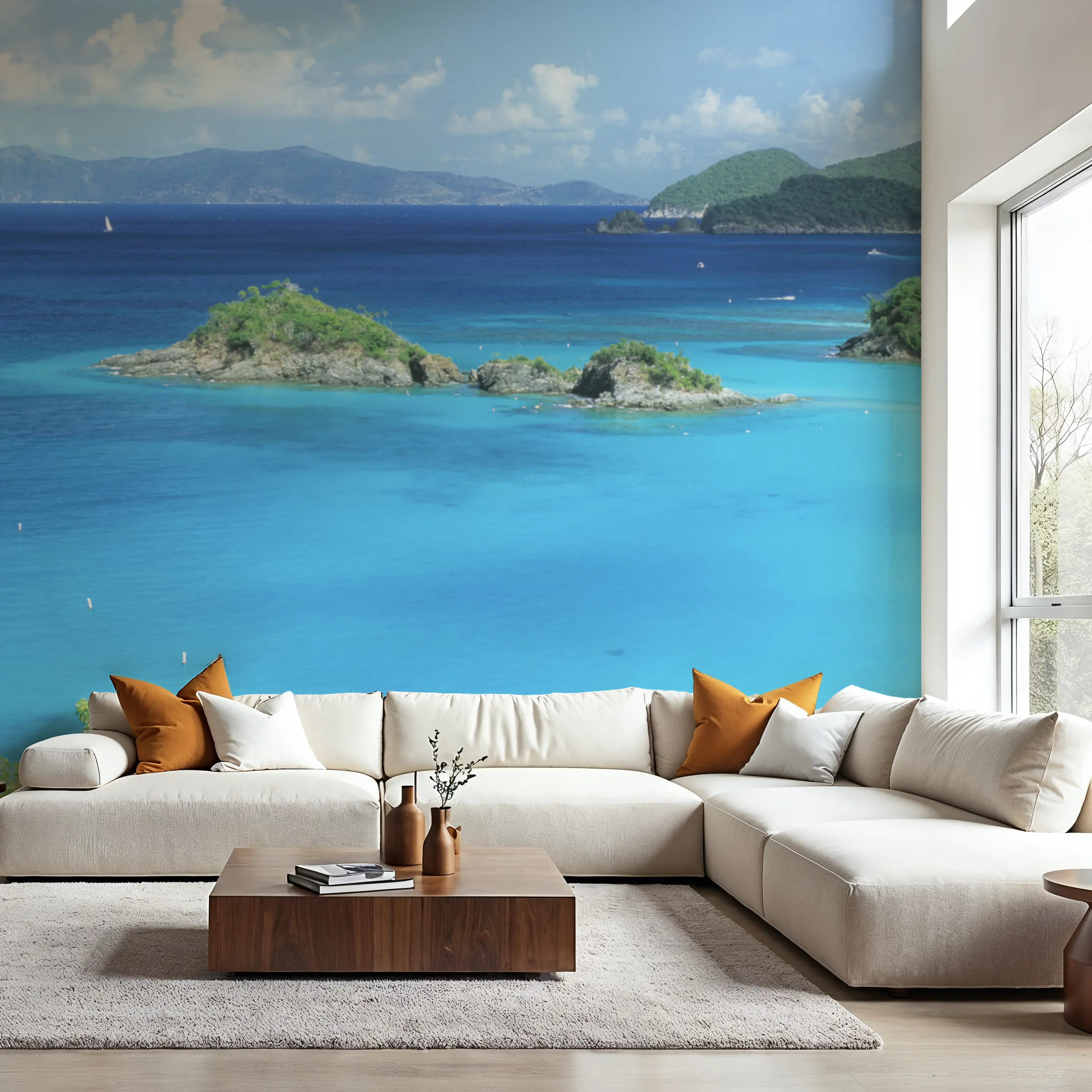 Papier Peint Panoramique - Tropical Paradise Cove - Plage Feuillage - Bleu - Chambre - Wallism Belgique - Encollage au mur ou Autocollant