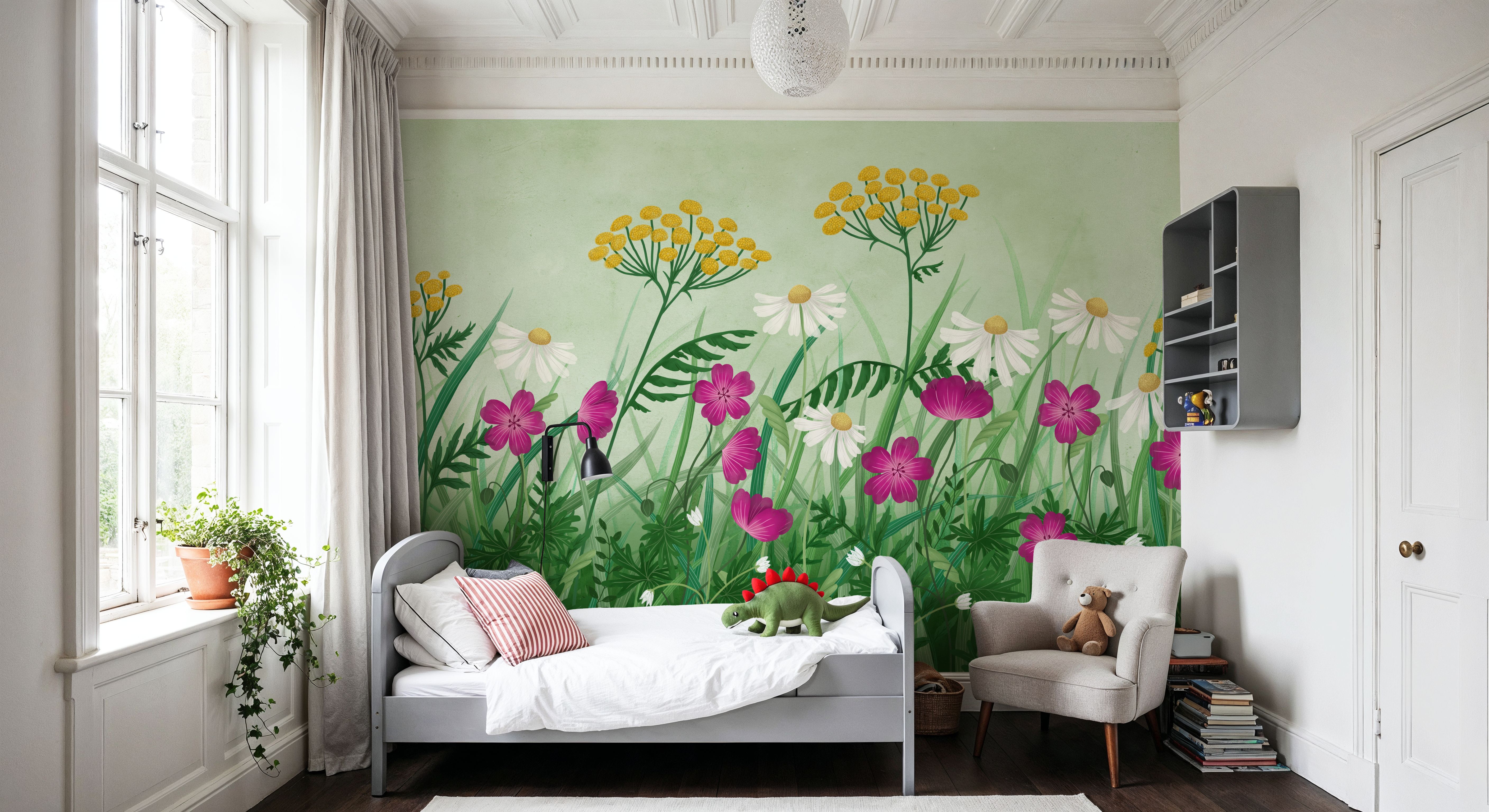 Geranium Meadow, Green, Wallpaper