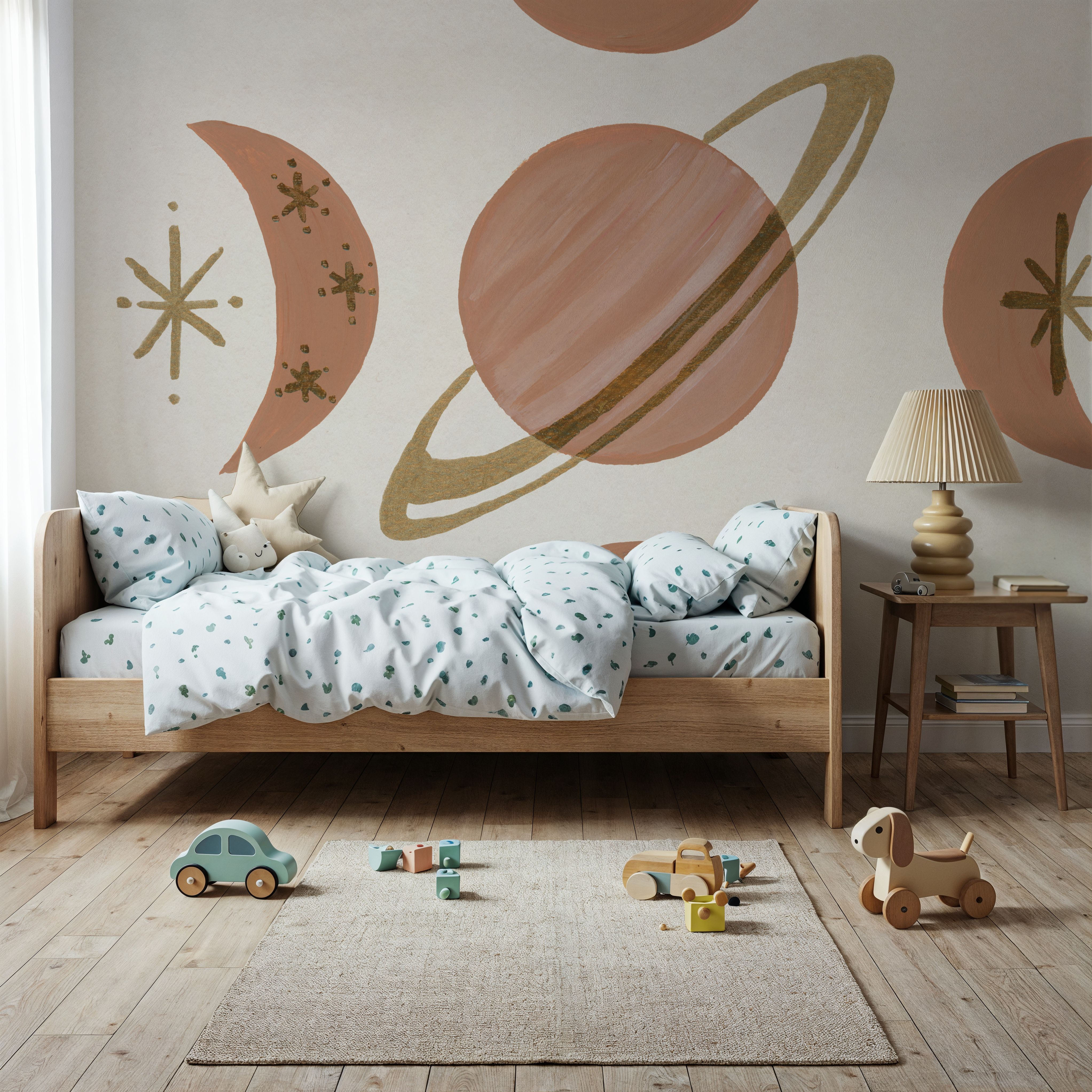 Wall Mural - Serene Saturn and Moons - Astronomy mural wallpaper - Kids' Room - Wallism US - Premium, Textured or Peel & Stick