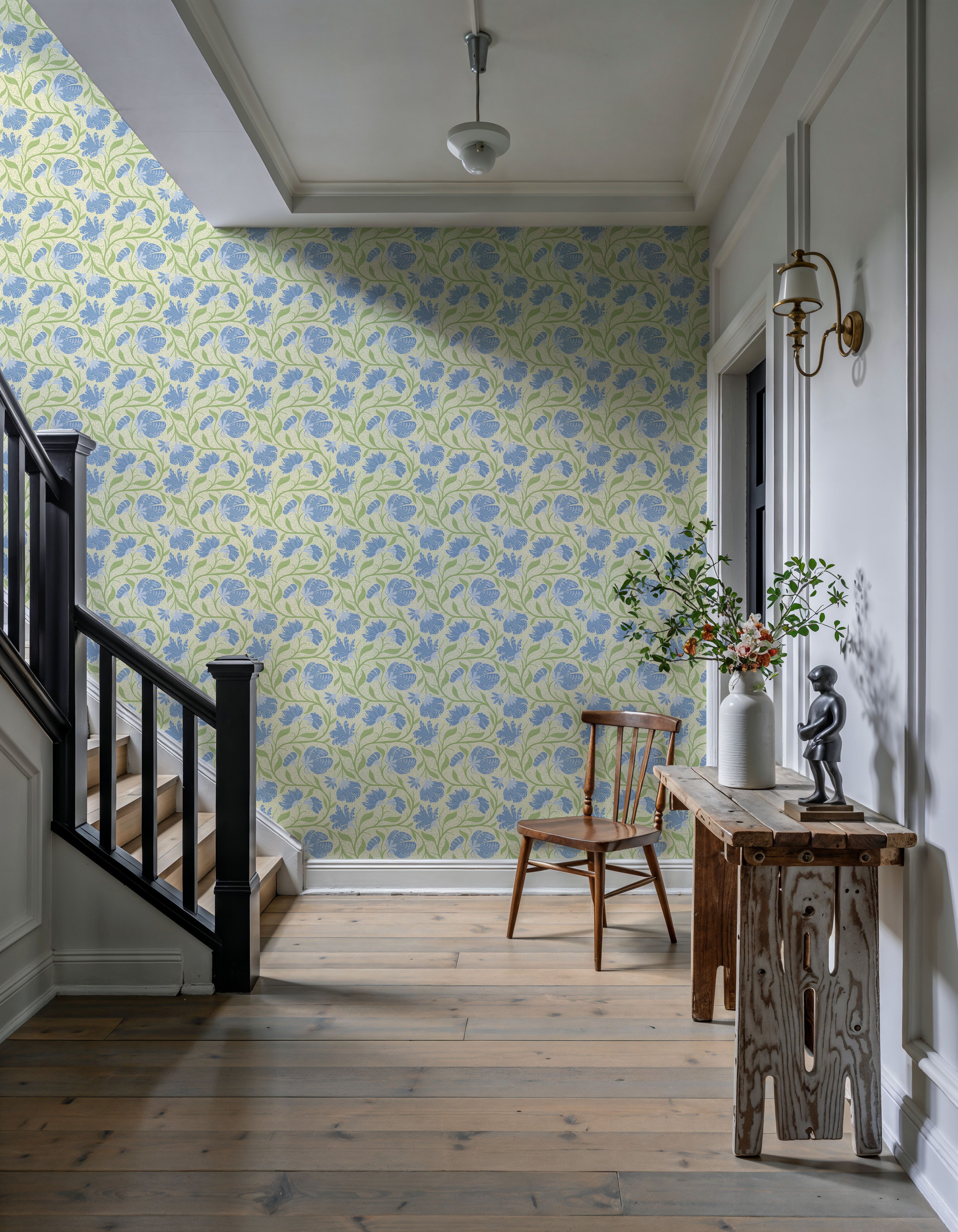 Indial Floral, Baby Blue on Light Green